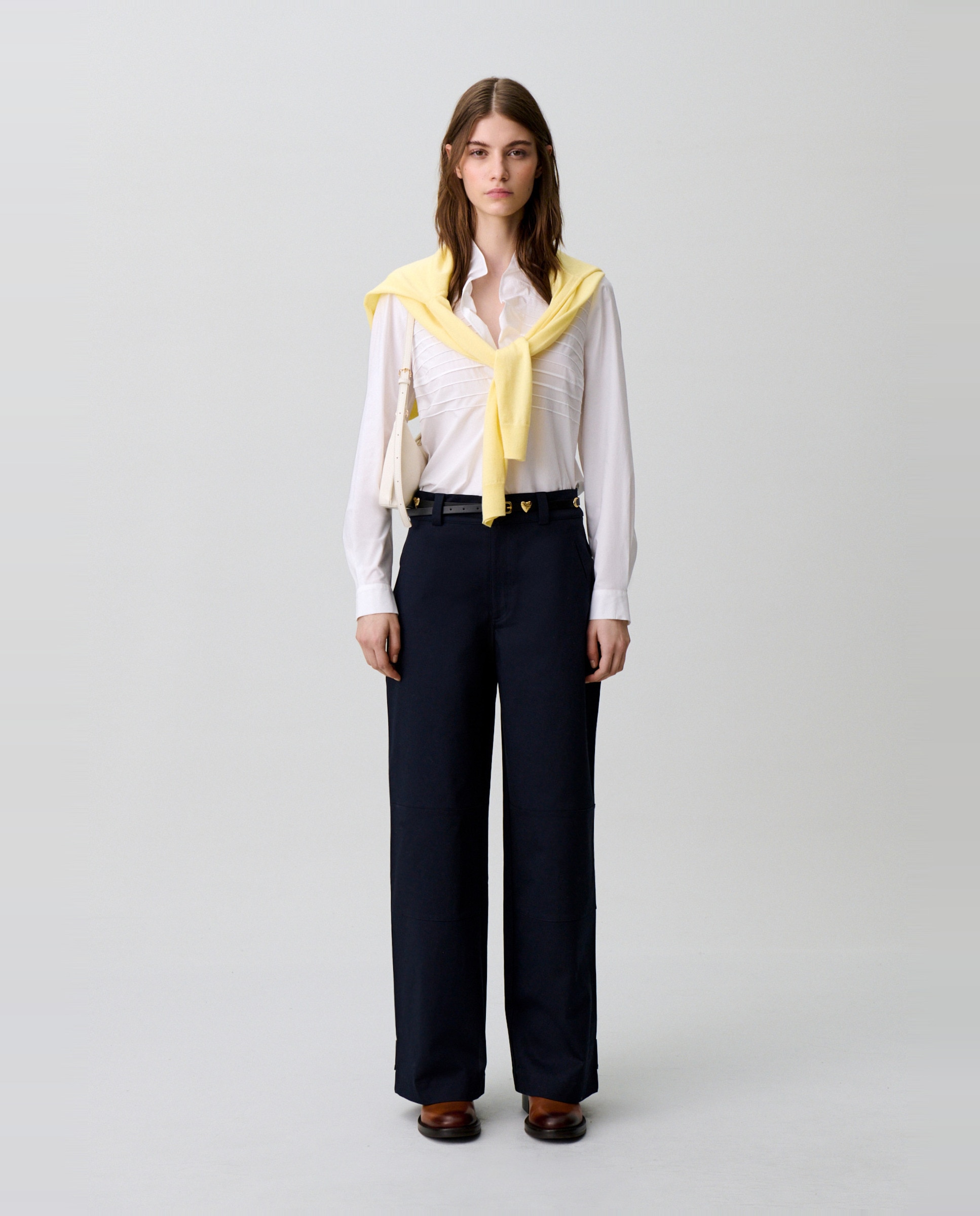 Pantalones rectos anchos de mujer de tiro alto de gabardina de algodón - Claudie Pierlot - Azul marino Azul marino-1