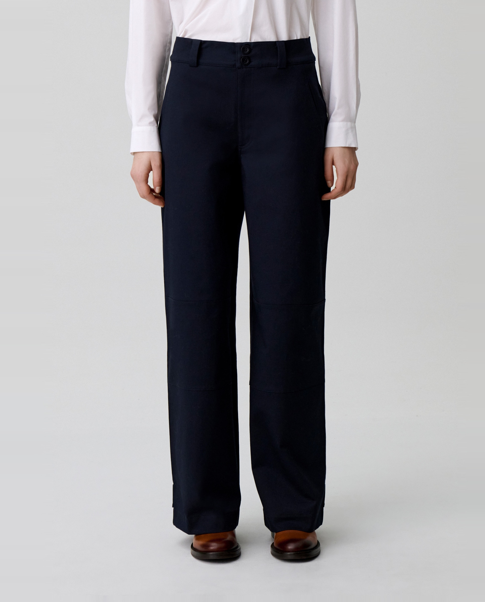 Pantalones rectos anchos de mujer de tiro alto de gabardina de algodón - Claudie Pierlot - Azul marino Azul marino-2
