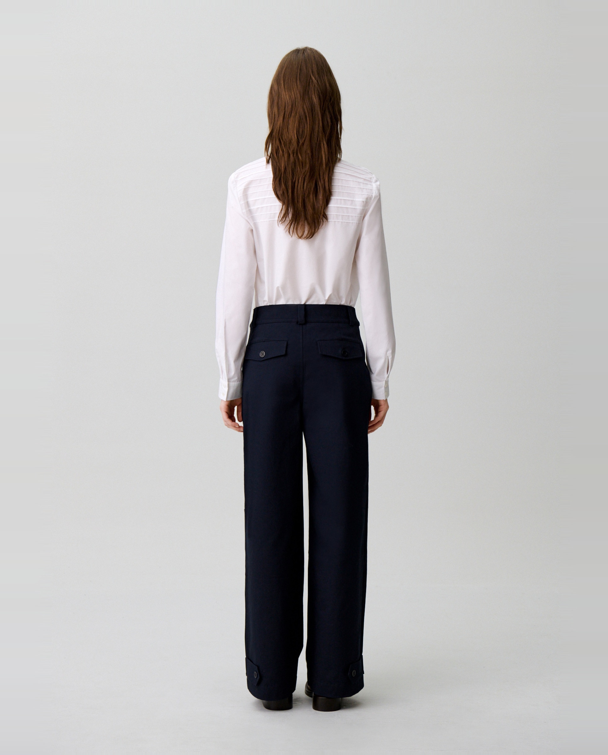 Pantalones rectos anchos de mujer de tiro alto de gabardina de algodón - Claudie Pierlot - Azul marino Azul marino-3