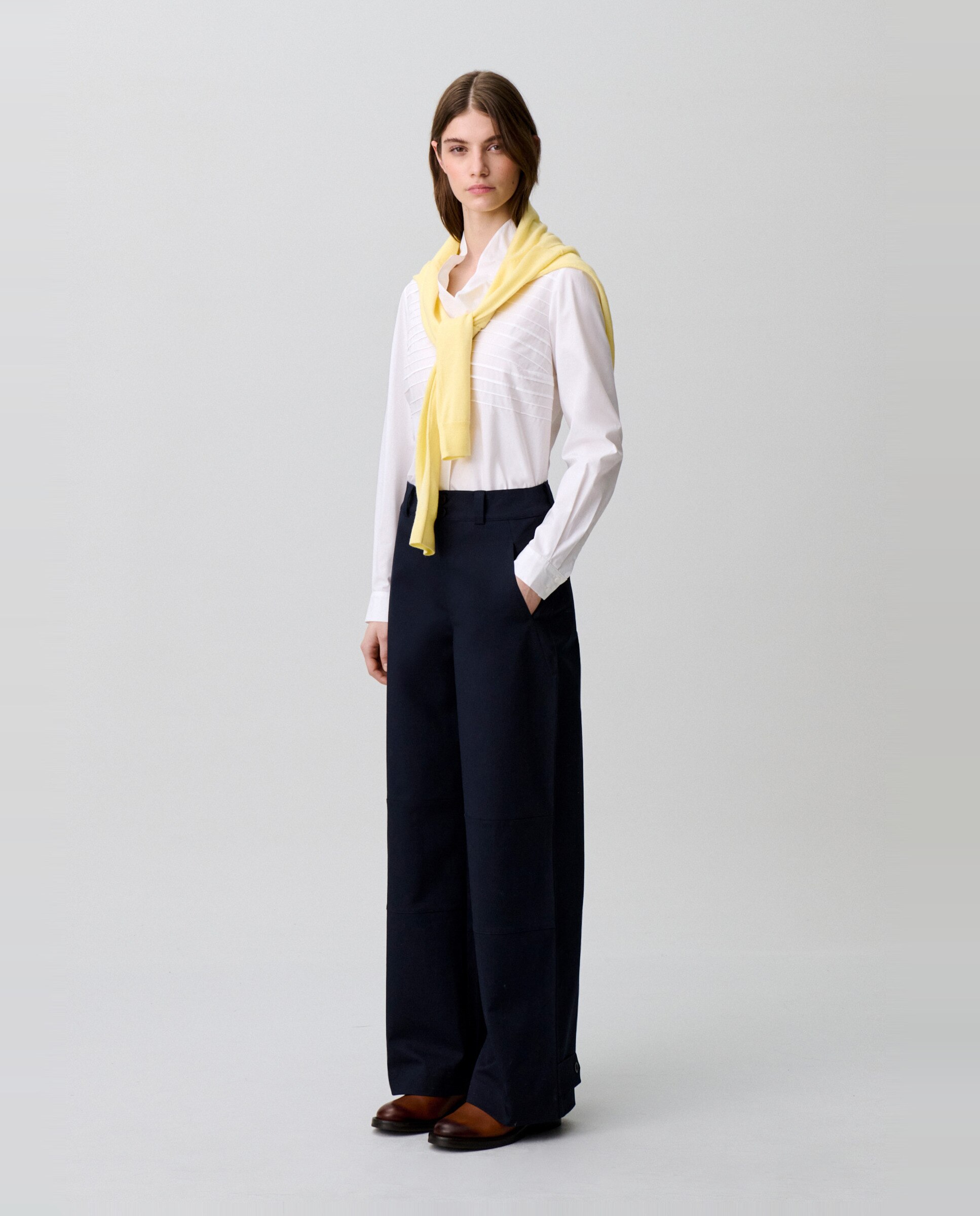 Pantalones rectos anchos de mujer de tiro alto de gabardina de algodón - Claudie Pierlot - Azul marino Azul marino-4