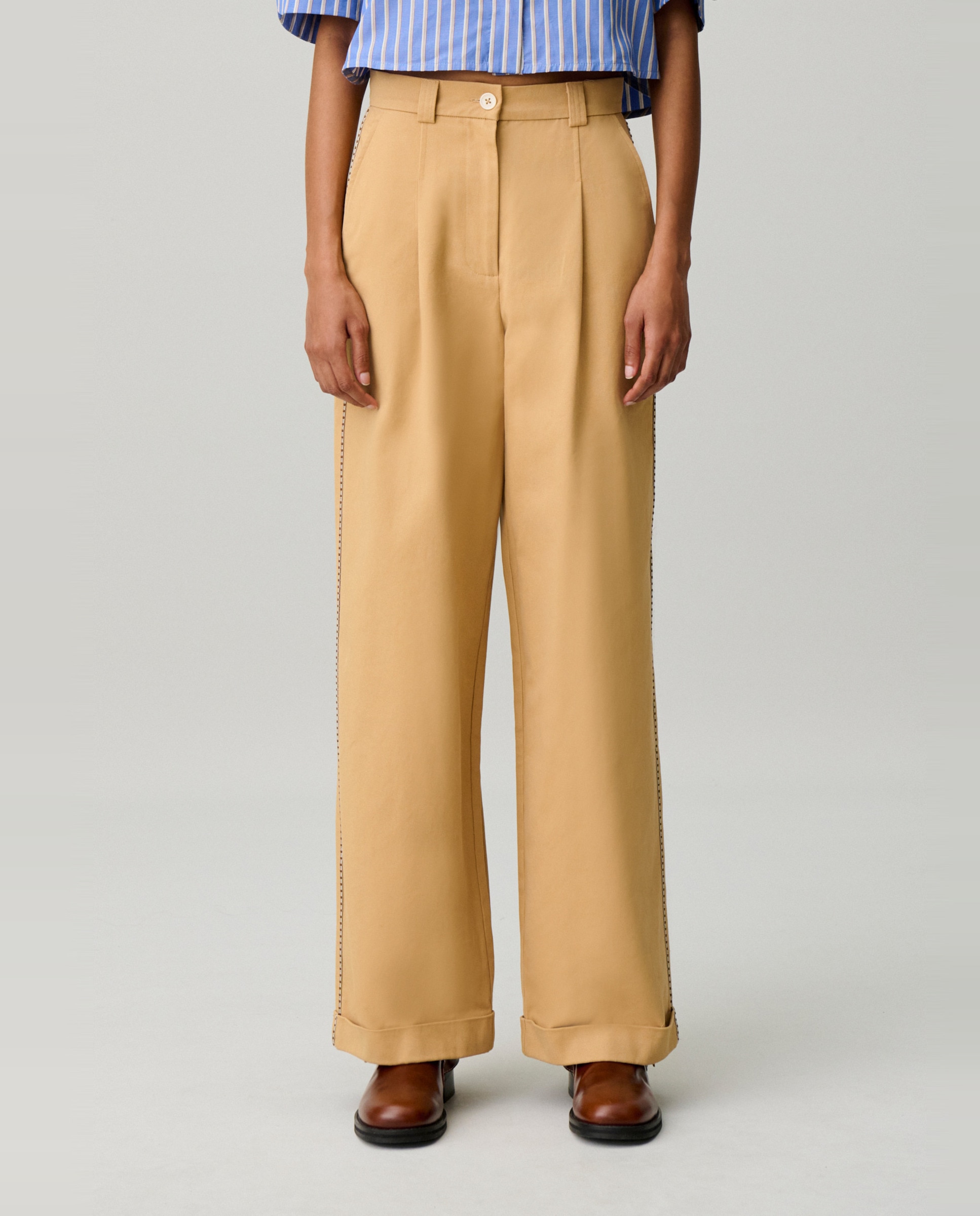 Pantalón de mujer recto de tiro normal con pliegues - Claudie Pierlot - Beige Beige-2