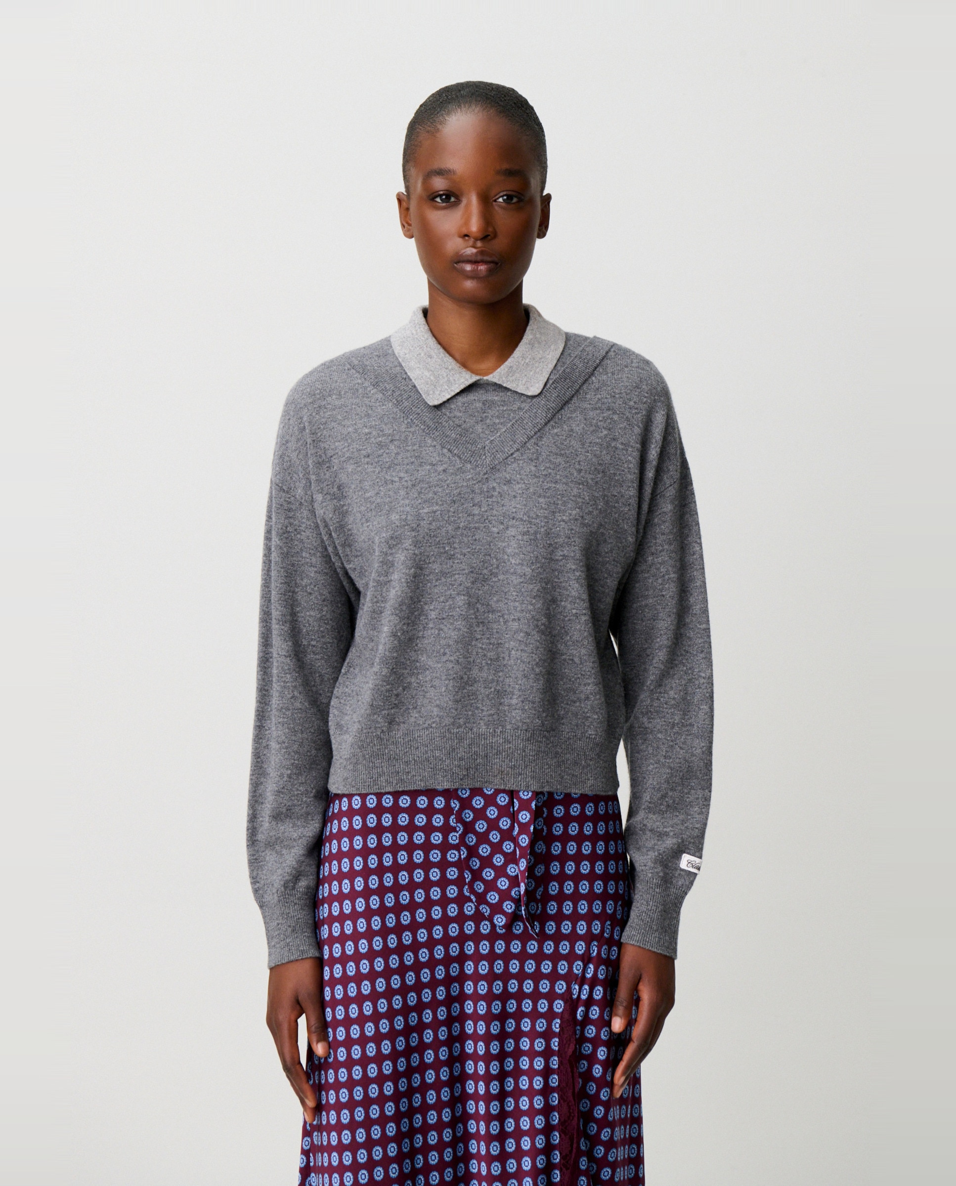 Jersey de mujer de lana con cuello camisero y efecto trampantojo - Claudie Pierlot - Gris Gris-1