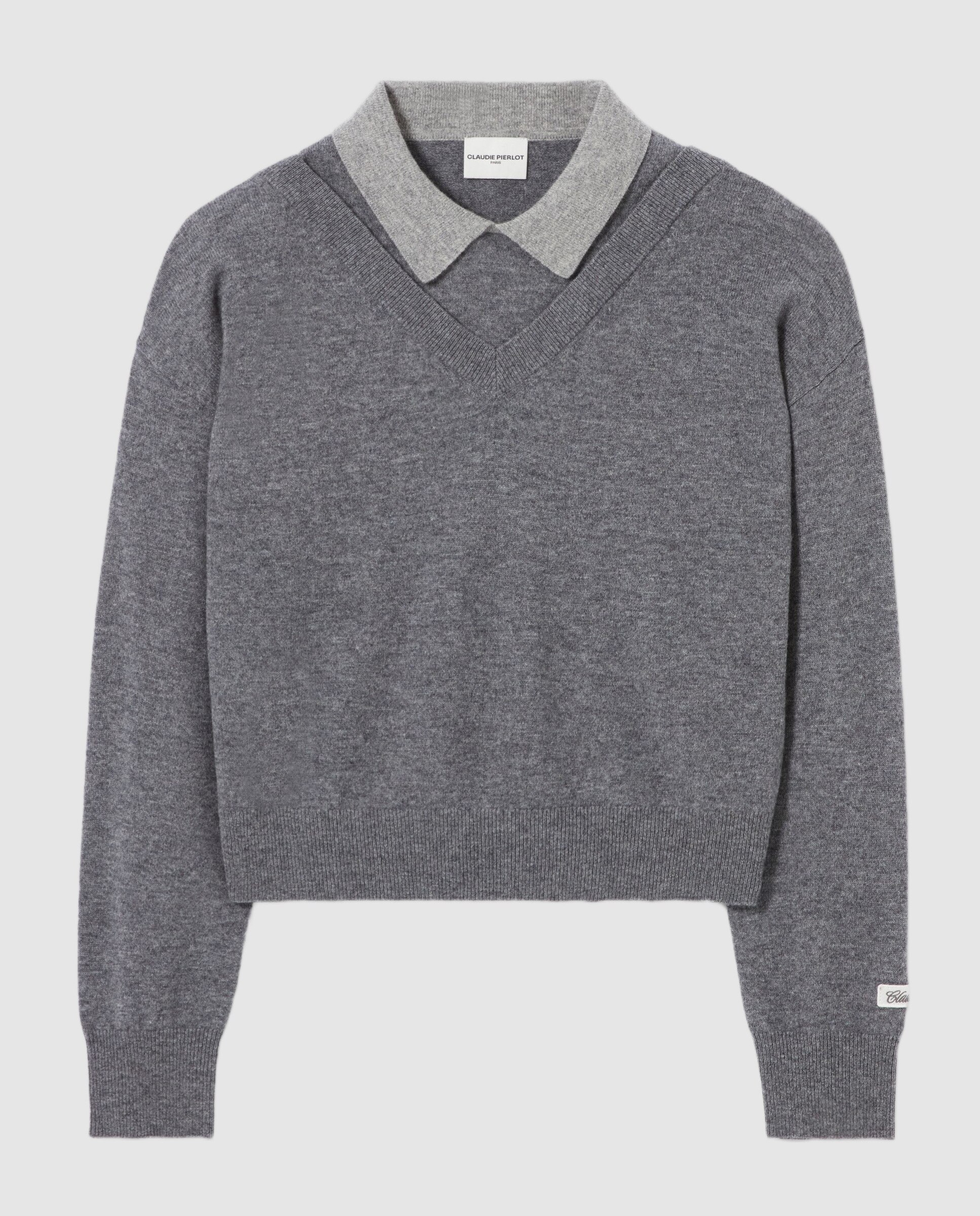 Jersey de mujer de lana con cuello camisero y efecto trampantojo - Claudie Pierlot - Gris Gris-6