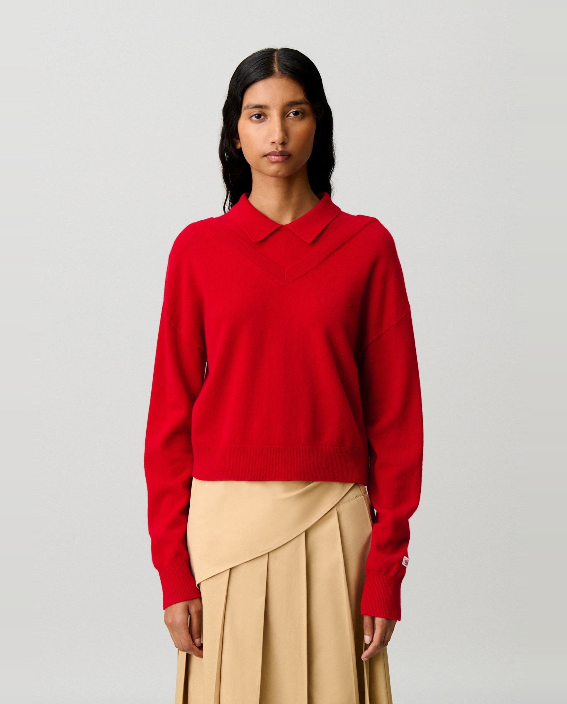 Jersey de mujer de lana con cuello camisero y efecto trampantojo - Claudie Pierlot - Rojo Rojo-1