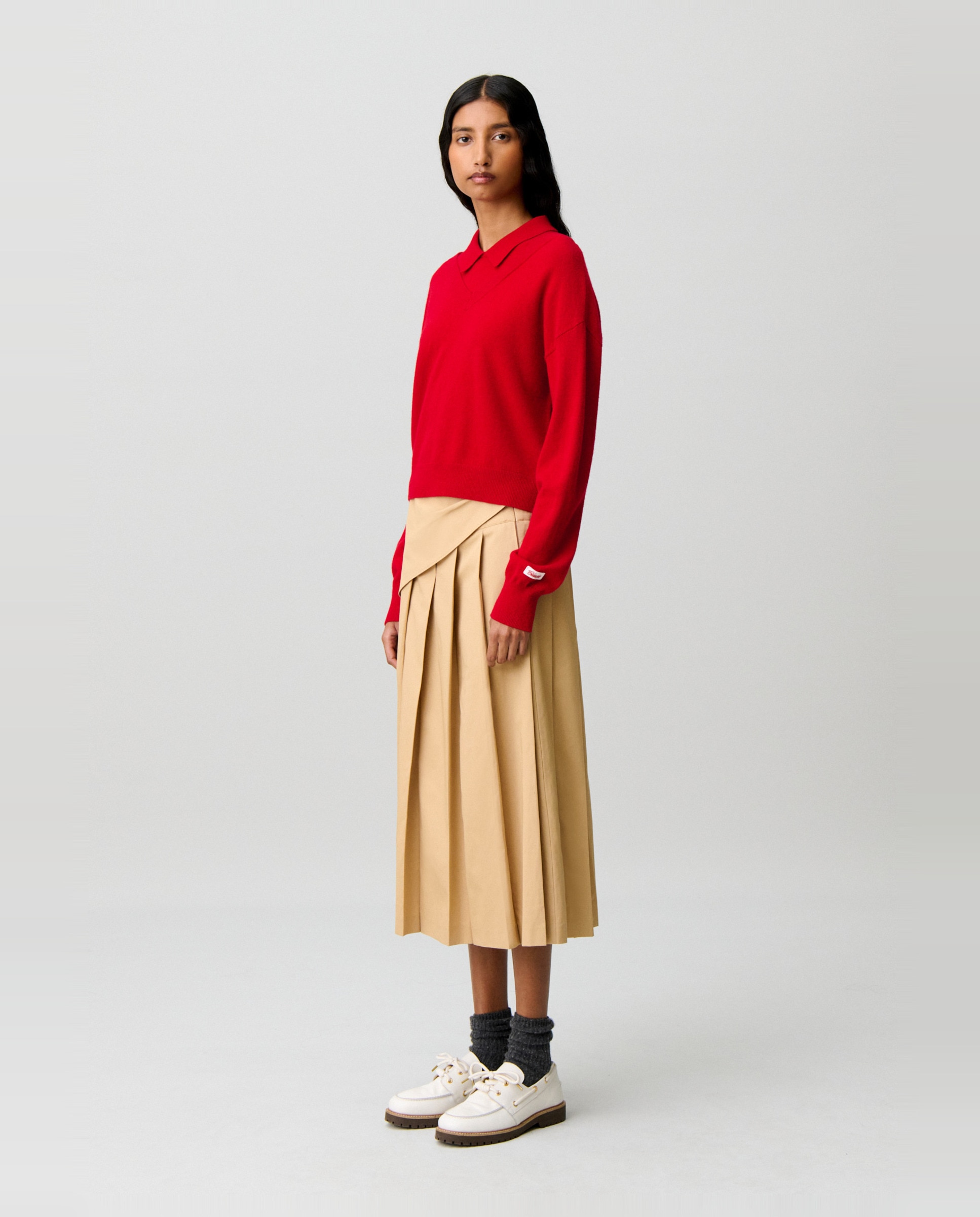 Jersey de mujer de lana con cuello camisero y efecto trampantojo - Claudie Pierlot - Rojo Rojo-3