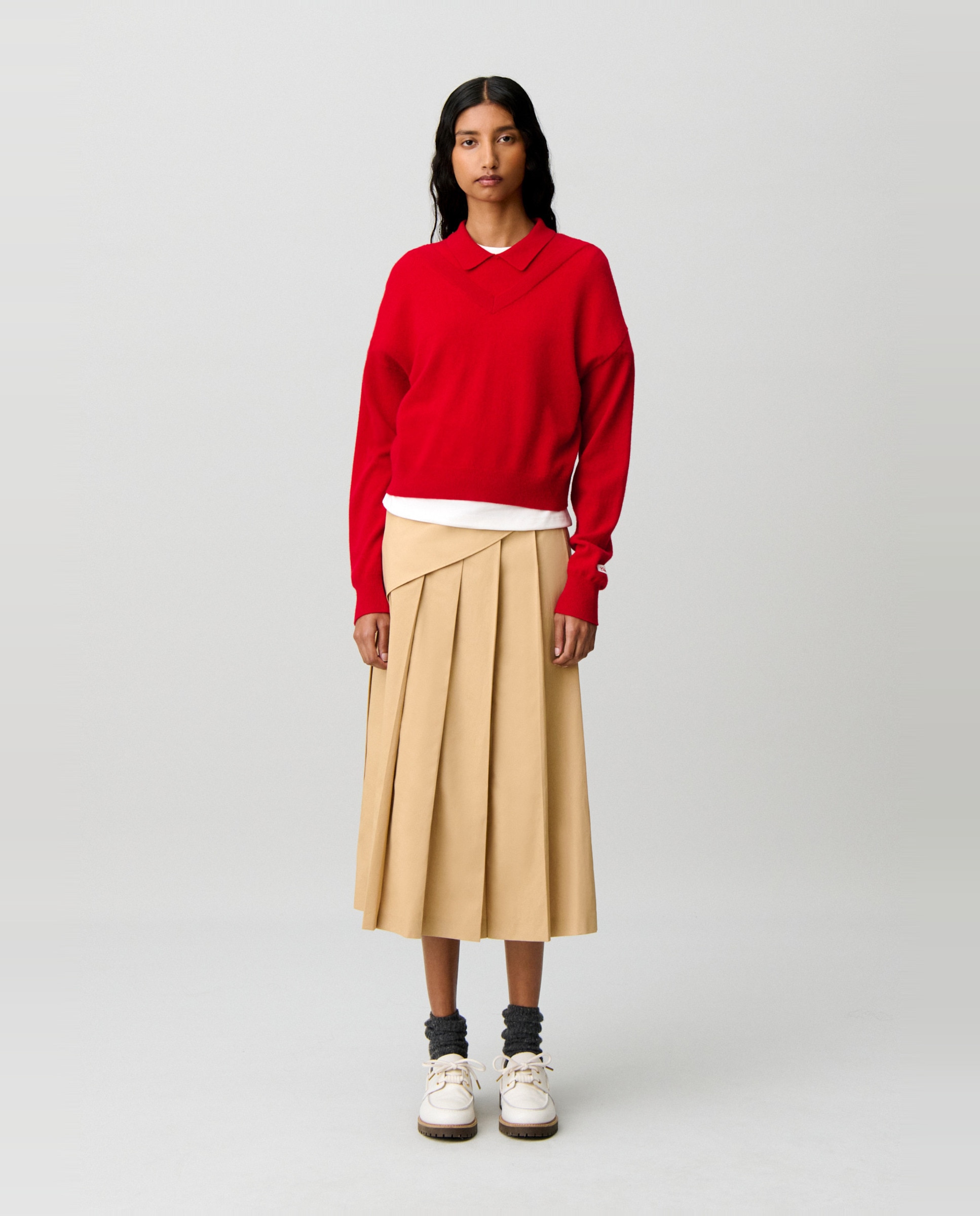 Jersey de mujer de lana con cuello camisero y efecto trampantojo - Claudie Pierlot - Rojo Rojo-4