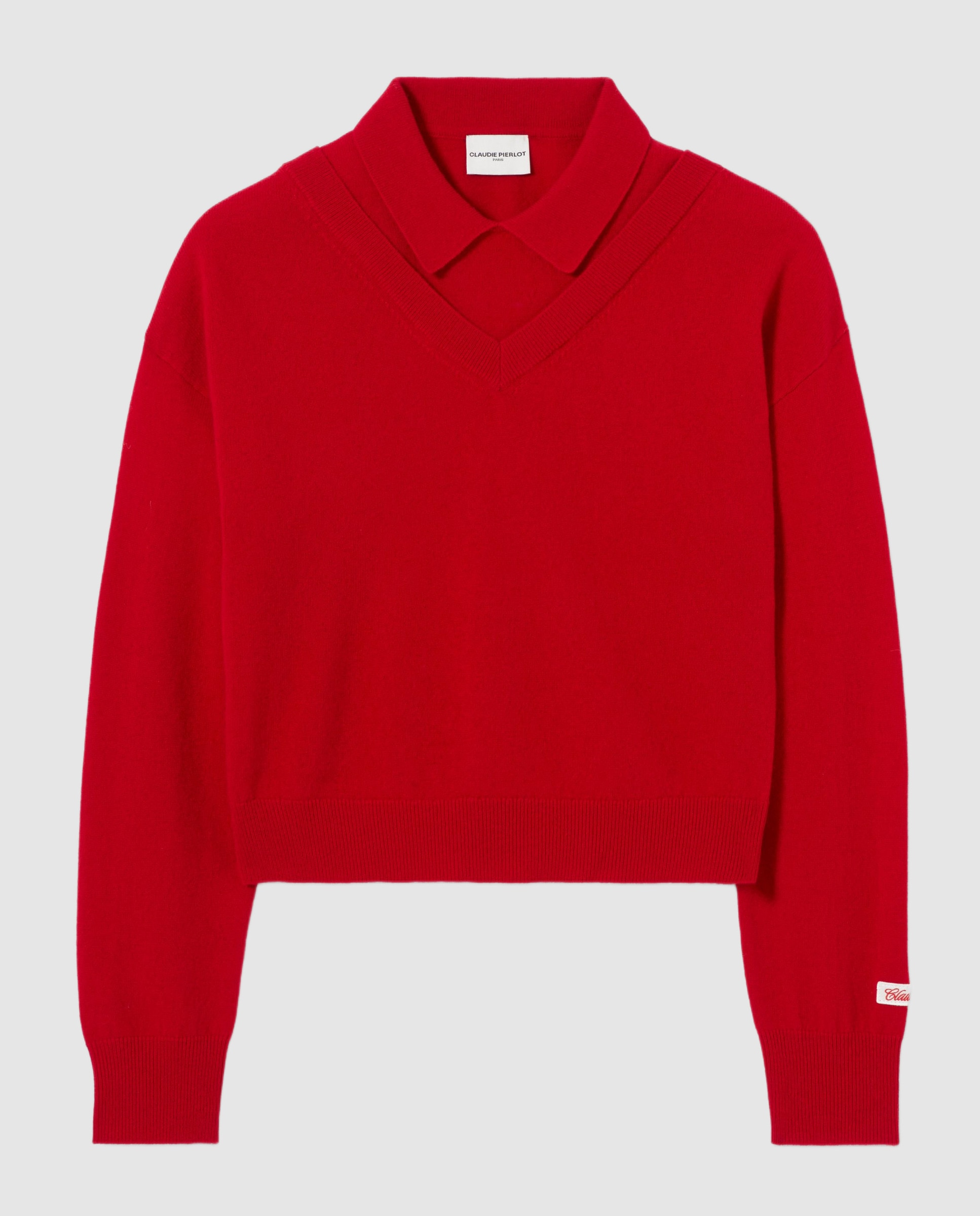 Jersey de mujer de lana con cuello camisero y efecto trampantojo - Claudie Pierlot - Rojo Rojo-6