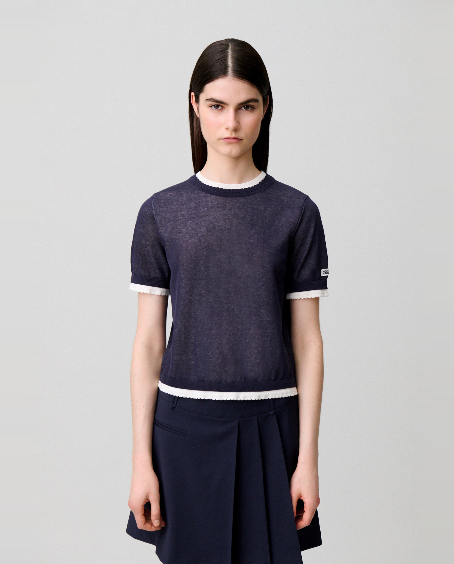 Jersey de punto de mujer de manga corta con efecto de capas en contraste - Claudie Pierlot - Azul marino Azul marino-1