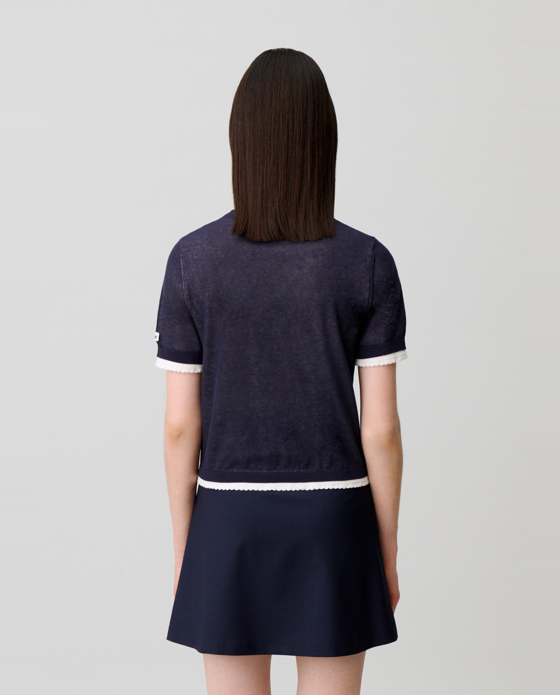 Jersey de punto de mujer de manga corta con efecto de capas en contraste - Claudie Pierlot - Azul marino Azul marino-2