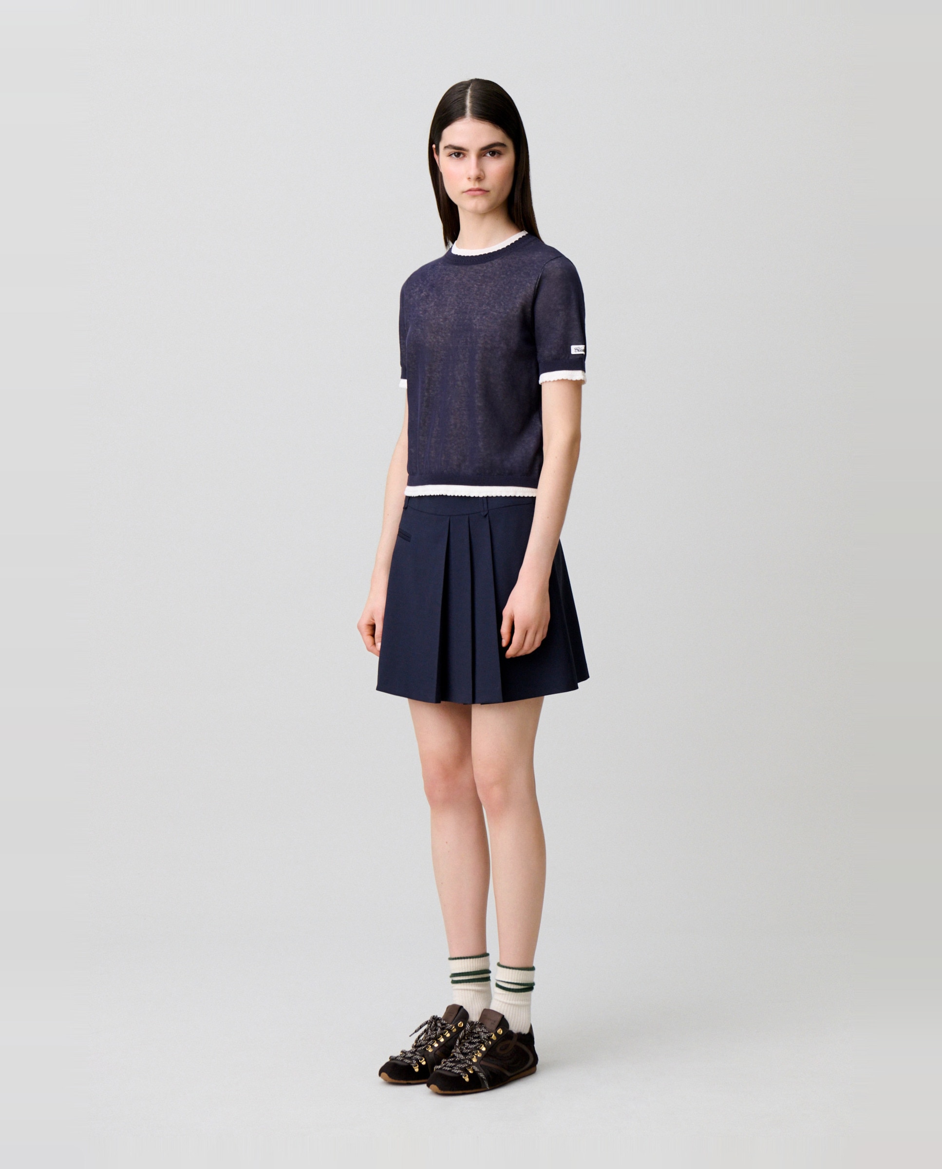 Jersey de punto de mujer de manga corta con efecto de capas en contraste - Claudie Pierlot - Azul marino Azul marino-3