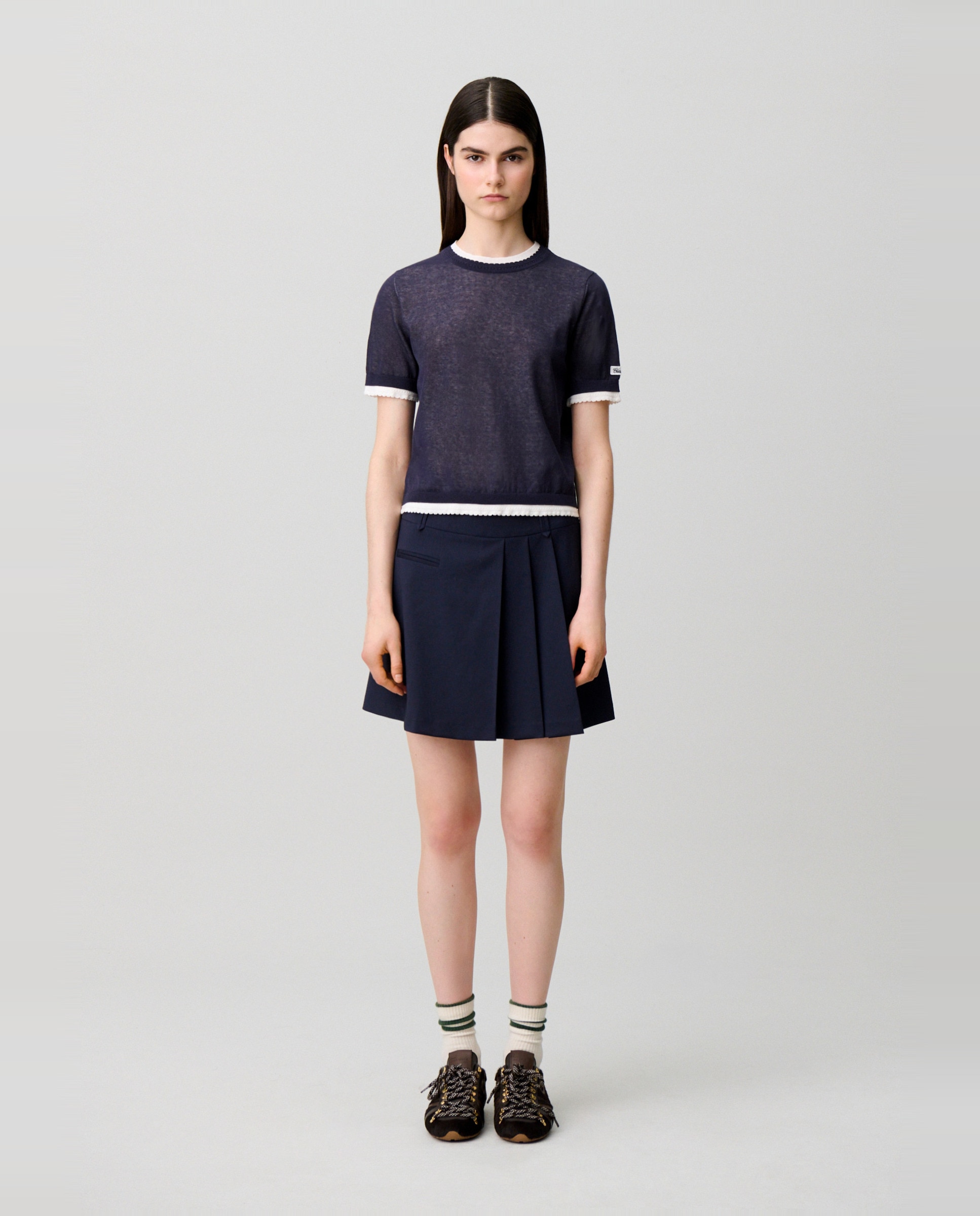 Jersey de punto de mujer de manga corta con efecto de capas en contraste - Claudie Pierlot - Azul marino Azul marino-4
