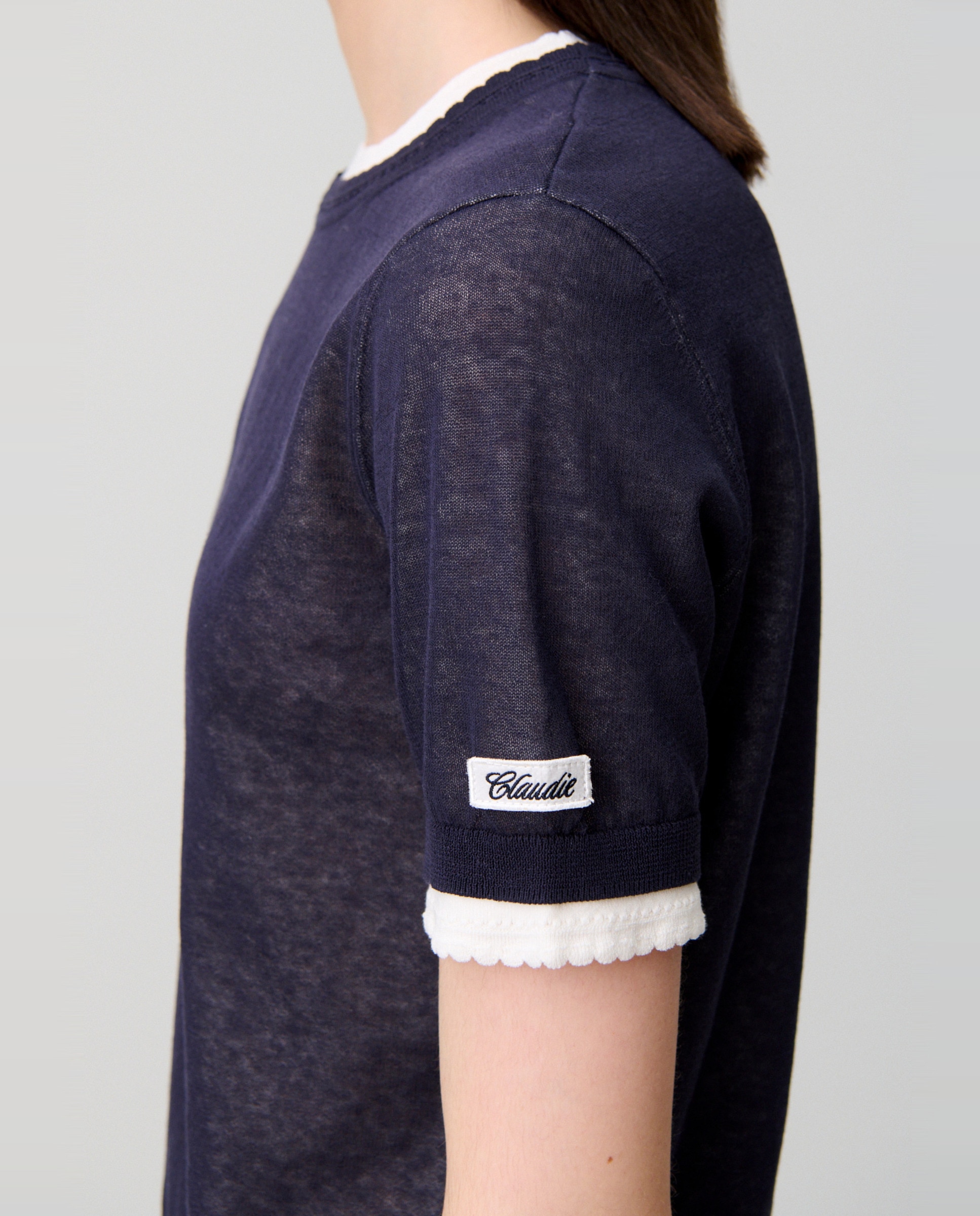 Jersey de punto de mujer de manga corta con efecto de capas en contraste - Claudie Pierlot - Azul marino Azul marino-5