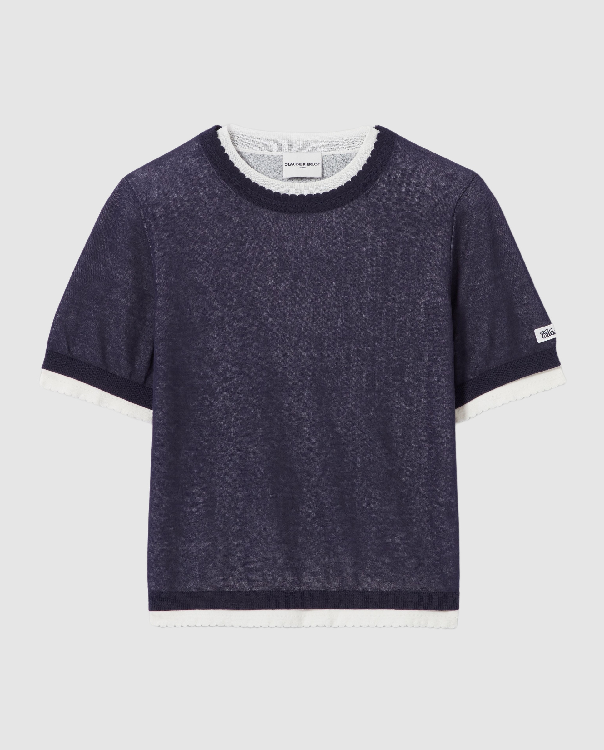 Jersey de punto de mujer de manga corta con efecto de capas en contraste - Claudie Pierlot - Azul marino Azul marino-6