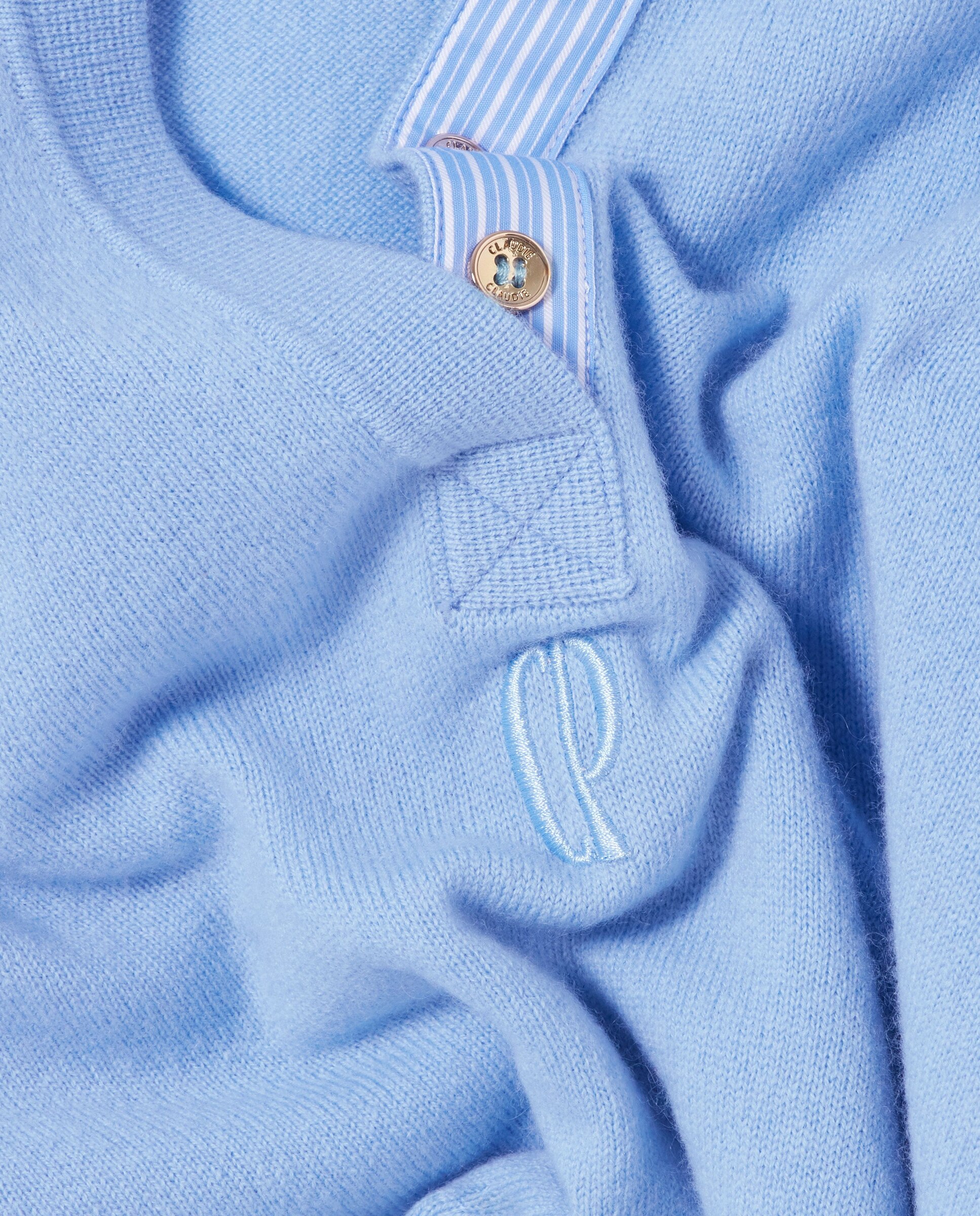 Jersey de mujer de lana y cachemira, manga larga, cuello camisero, tapeta polo a rayas y logo bordado - Claudie Pierlot - Azul claro Azul claro-7