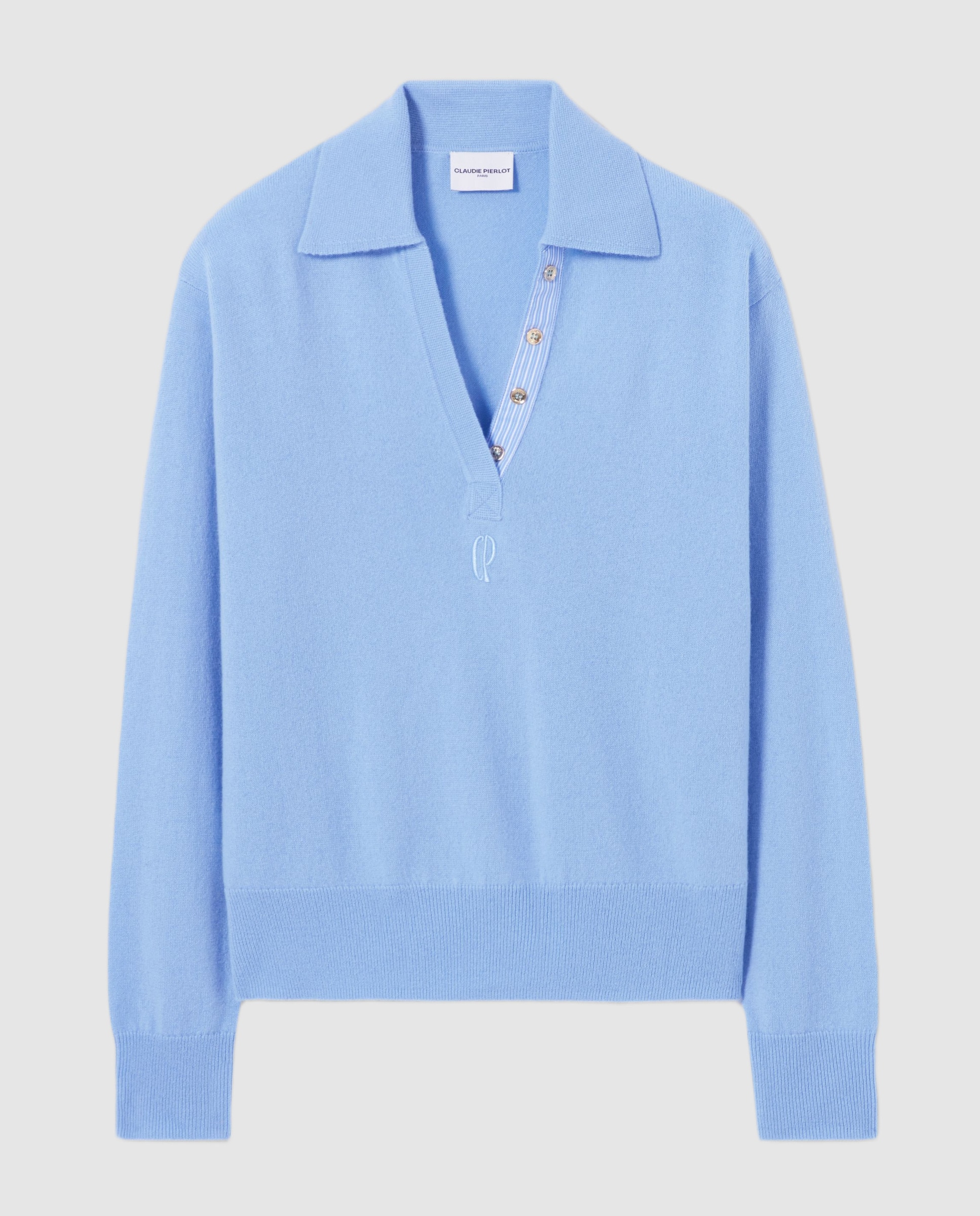 Jersey de mujer de lana y cachemira, manga larga, cuello camisero, tapeta polo a rayas y logo bordado - Claudie Pierlot - Azul claro Azul claro-6