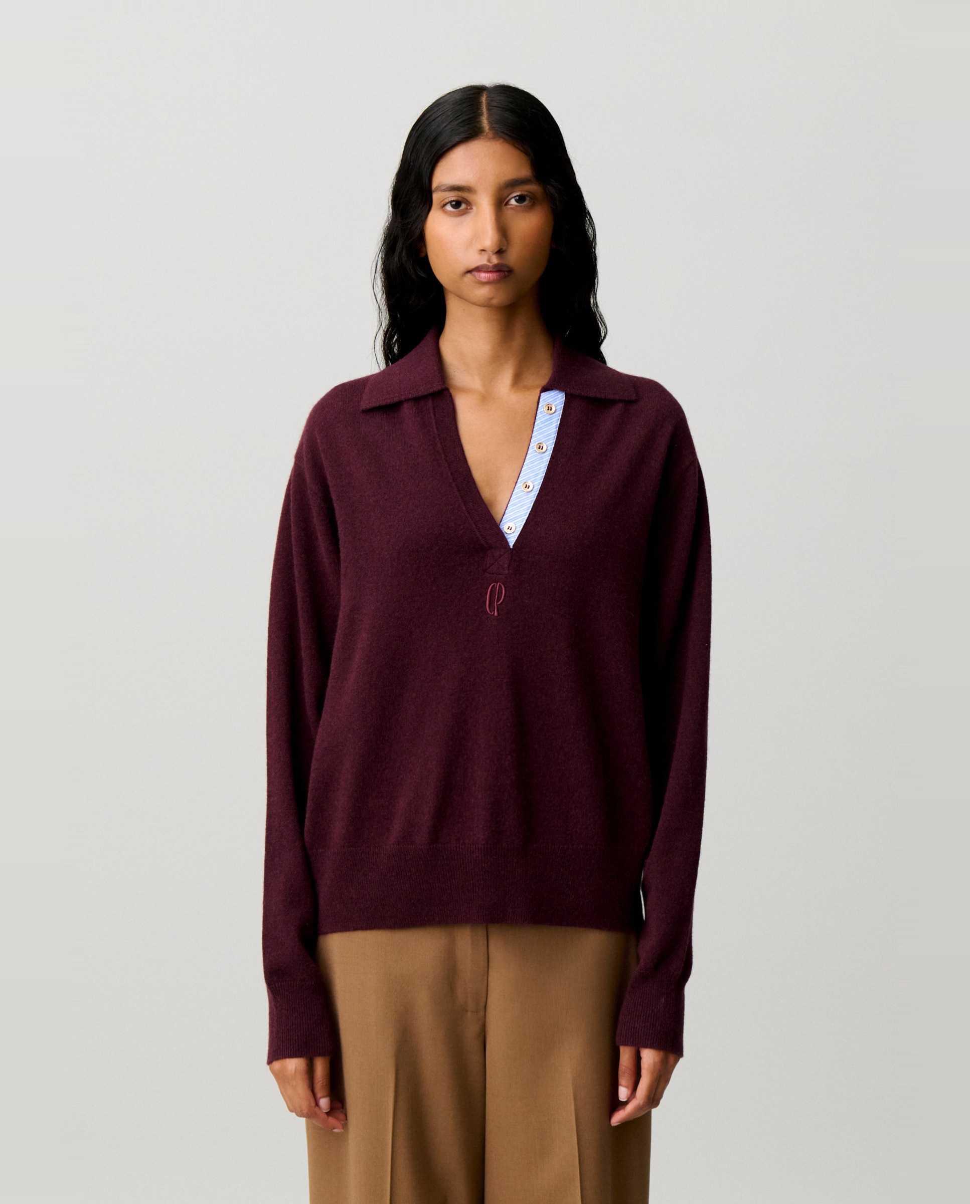 Jersey de mujer de lana y cachemira, manga larga, cuello camisero, tapeta polo a rayas y logo bordado - Claudie Pierlot - Morado Morado-1
