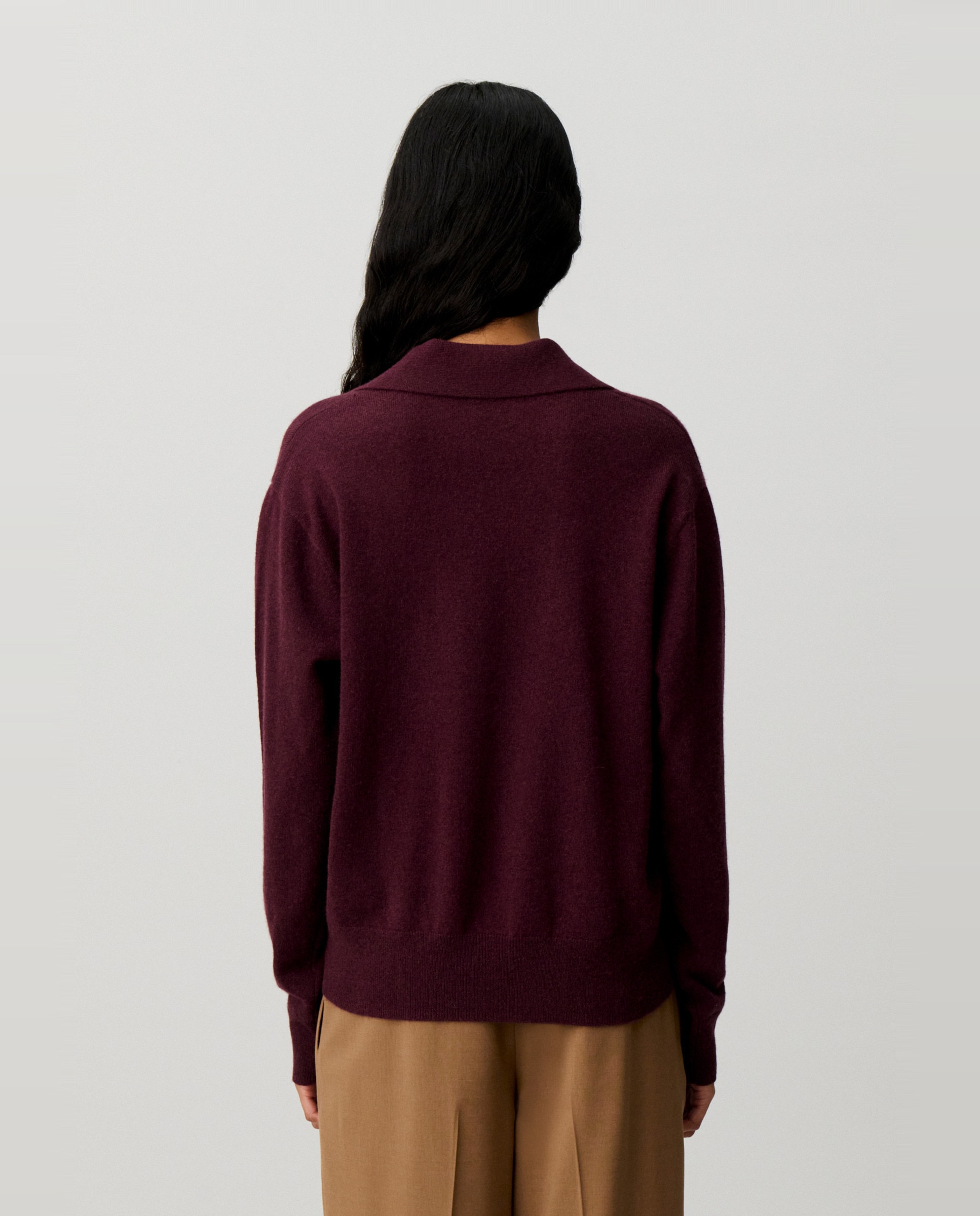 Jersey de mujer de lana y cachemira, manga larga, cuello camisero, tapeta polo a rayas y logo bordado - Claudie Pierlot - Morado Morado-2