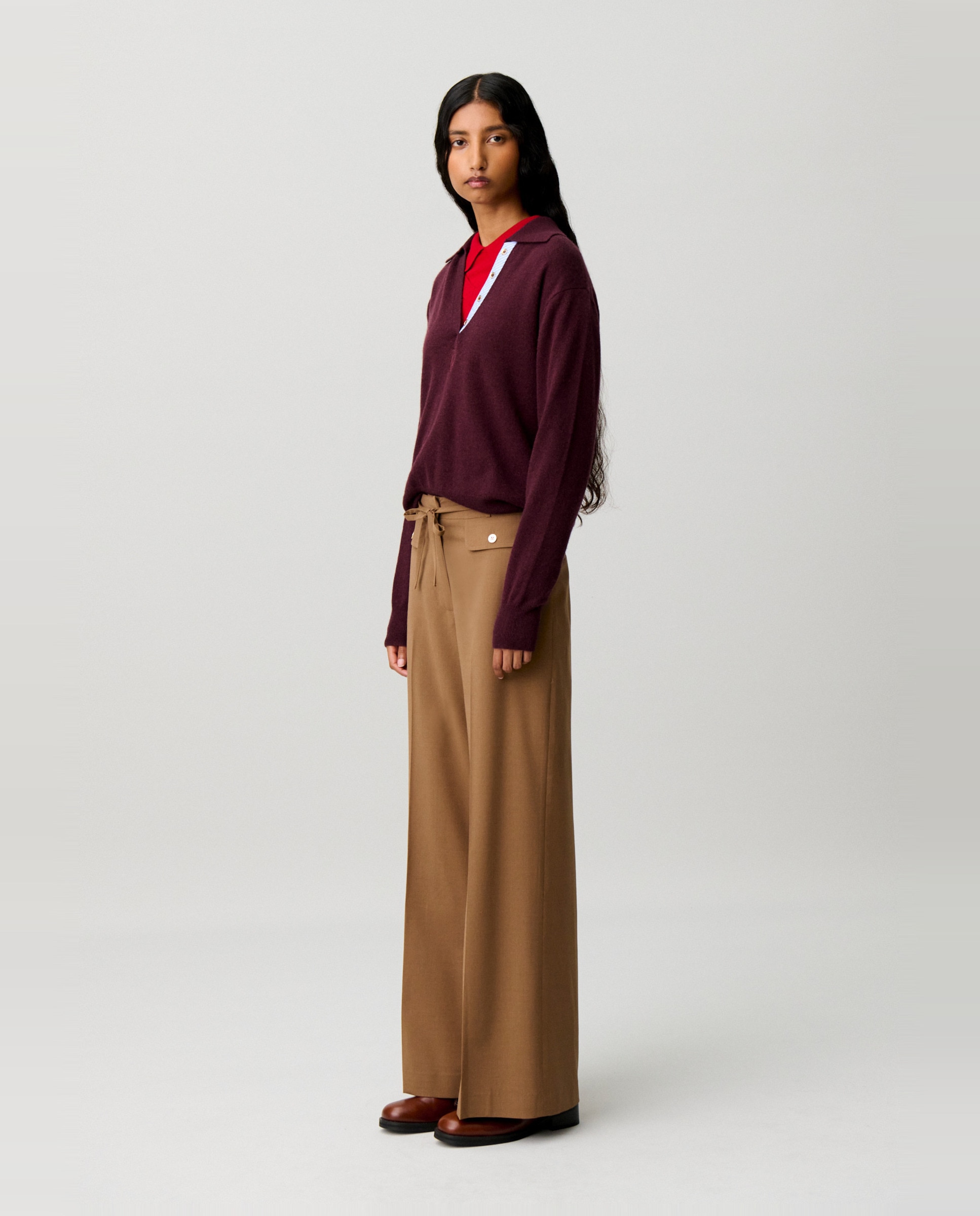 Jersey de mujer de lana y cachemira, manga larga, cuello camisero, tapeta polo a rayas y logo bordado - Claudie Pierlot - Morado Morado-3