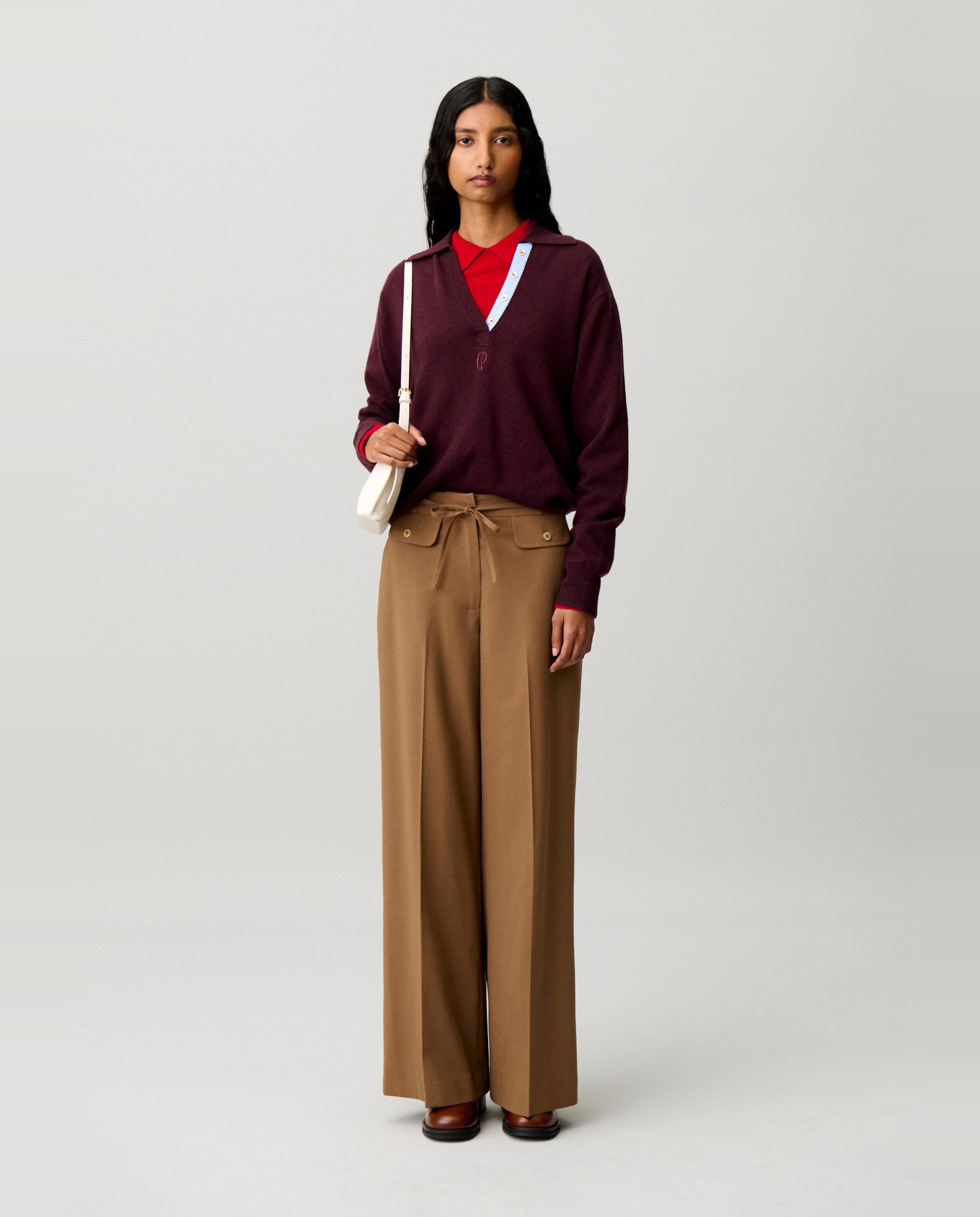 Jersey de mujer de lana y cachemira, manga larga, cuello camisero, tapeta polo a rayas y logo bordado - Claudie Pierlot - Morado Morado-4