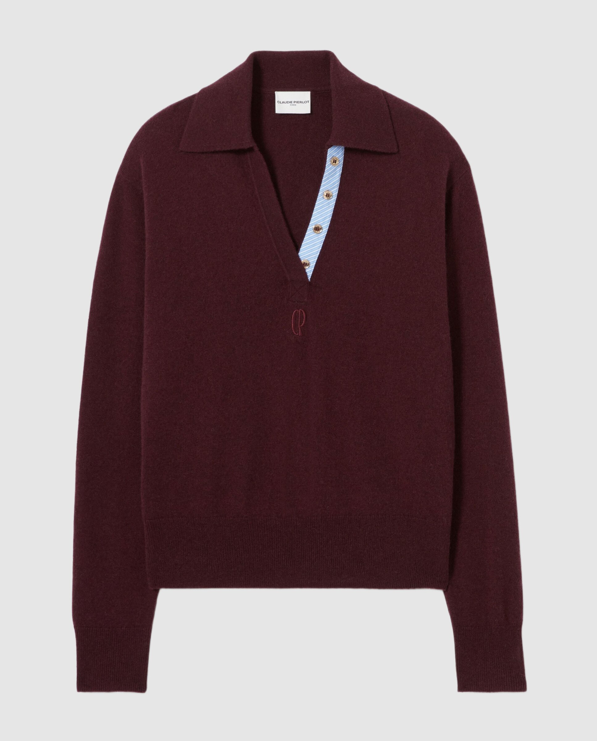 Jersey de mujer de lana y cachemira, manga larga, cuello camisero, tapeta polo a rayas y logo bordado - Claudie Pierlot - Morado Morado-6