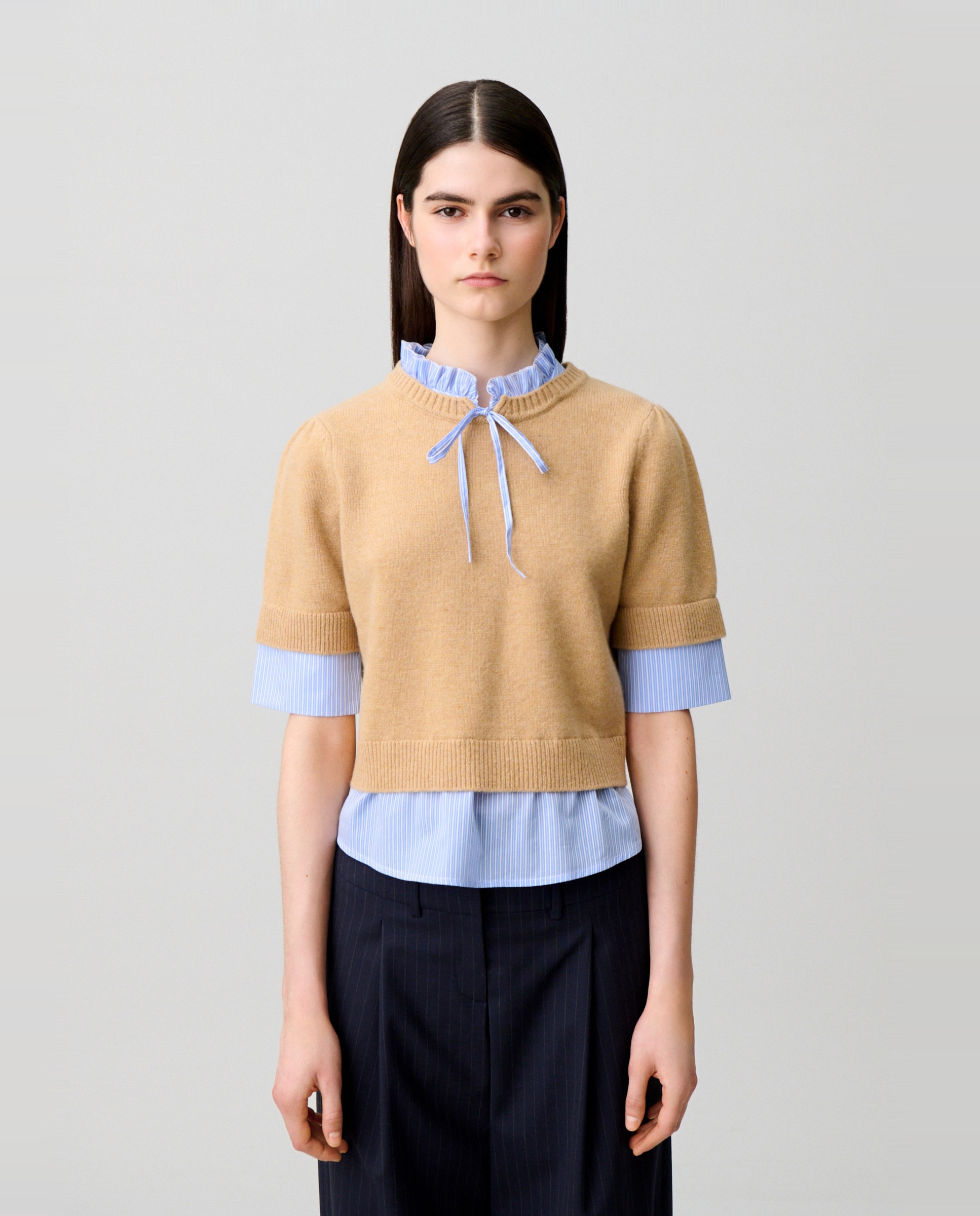 Jersey de punto de mujer con cuello victoriano y a rayas - Claudie Pierlot - Beige Beige-1