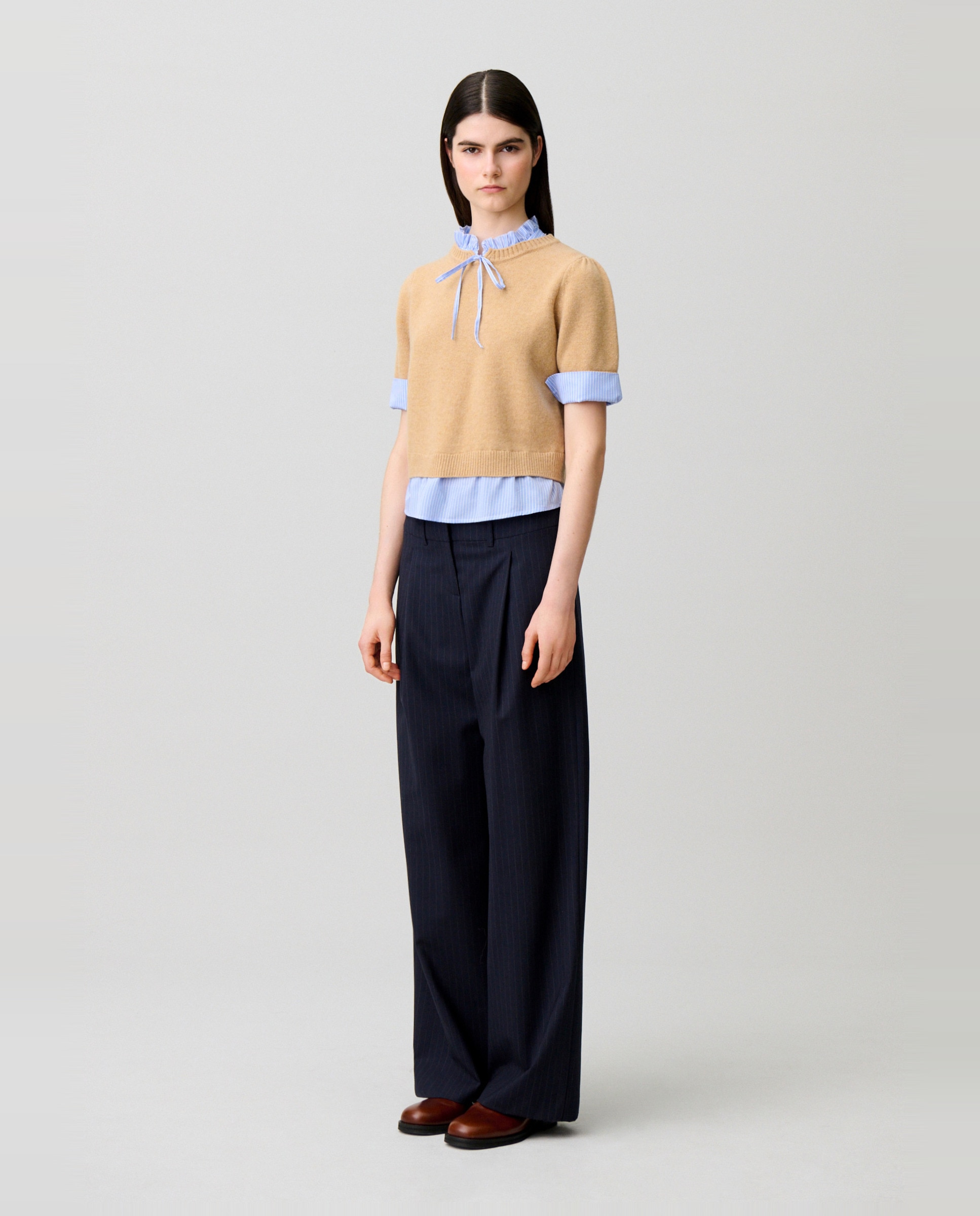 Jersey de punto de mujer con cuello victoriano y a rayas - Claudie Pierlot - Beige Beige-3