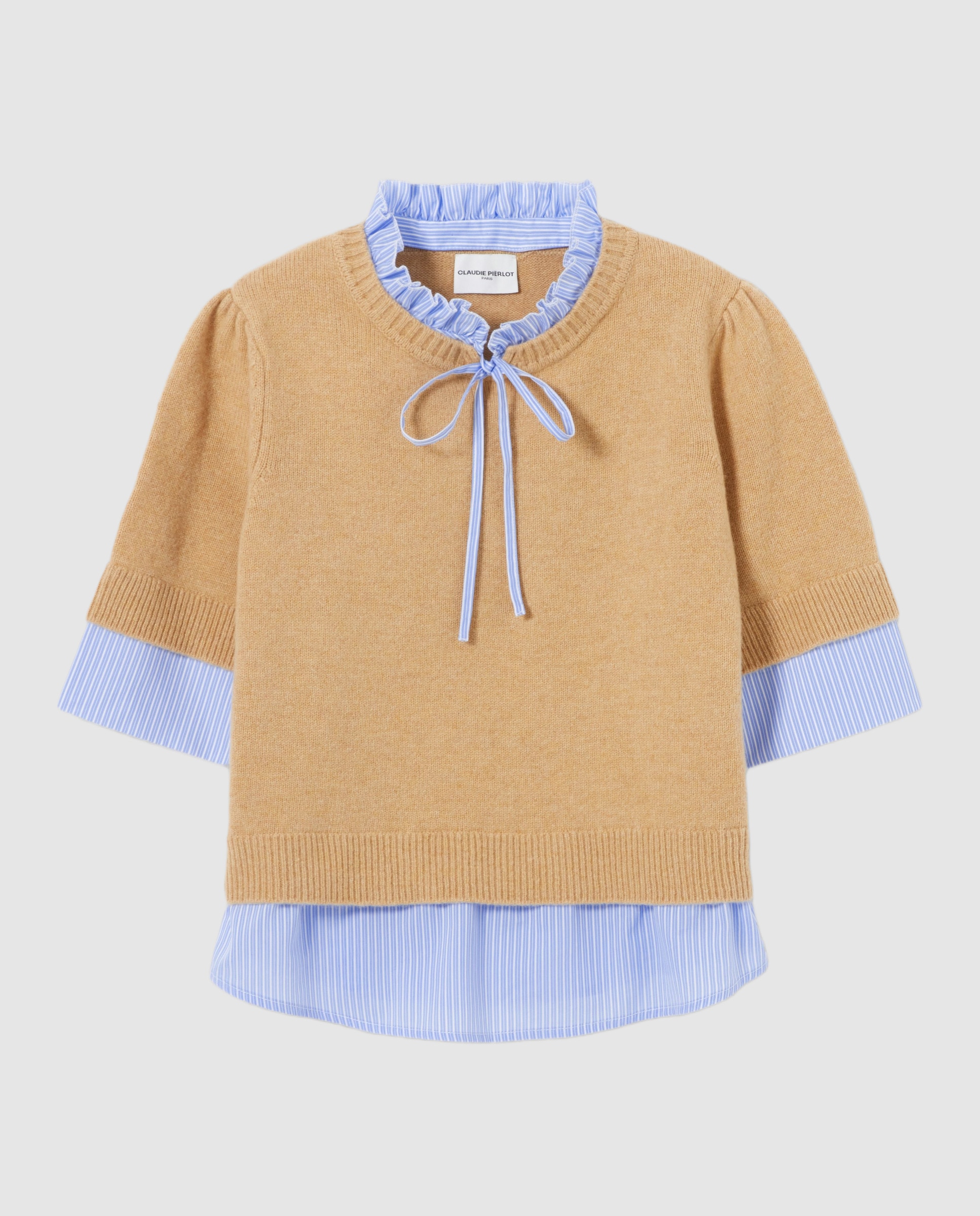 Jersey de punto de mujer con cuello victoriano y a rayas - Claudie Pierlot - Beige Beige-6