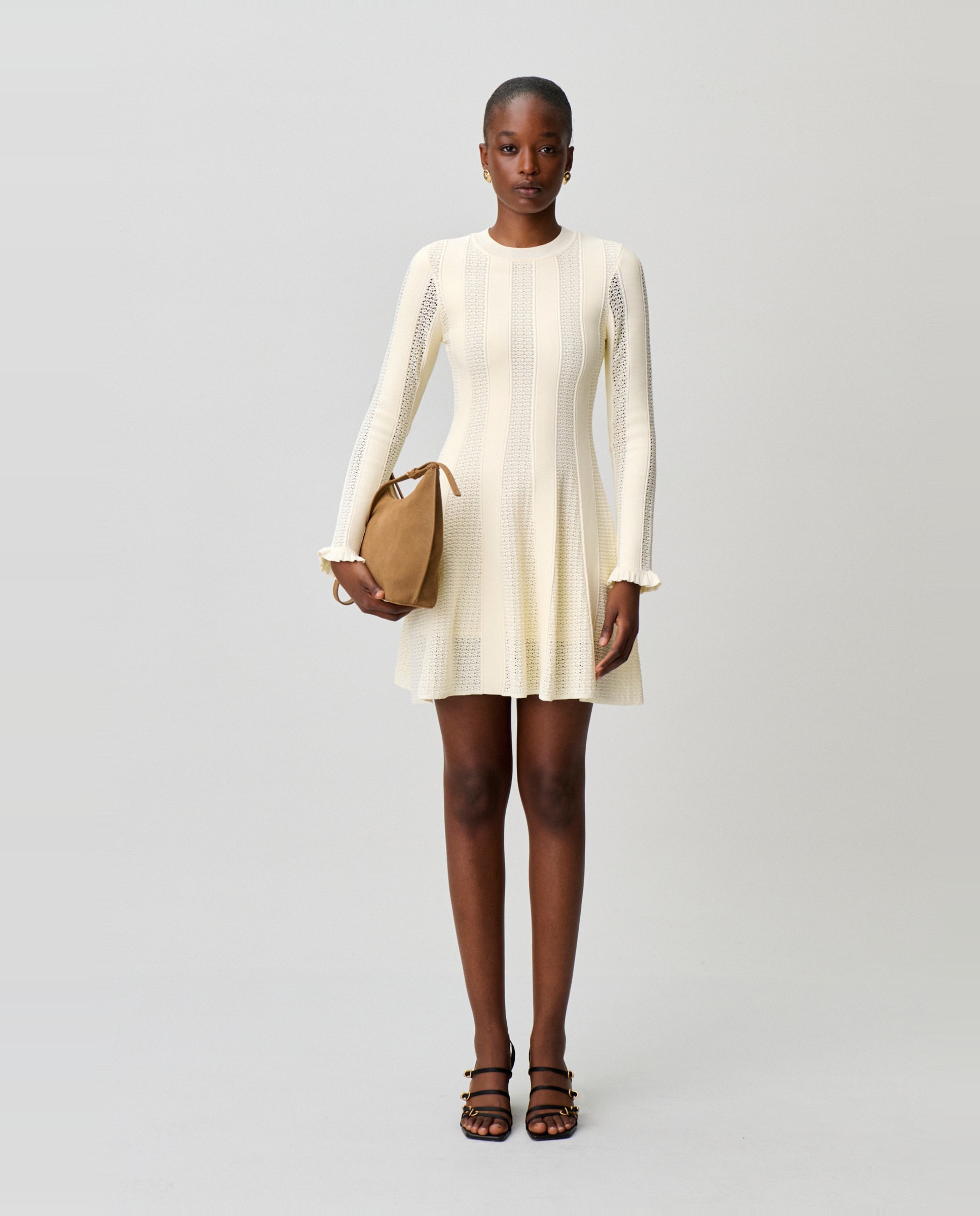 Vestido corto de punto skater con manga larga y volantes - Claudie Pierlot - Blanco Blanco-1