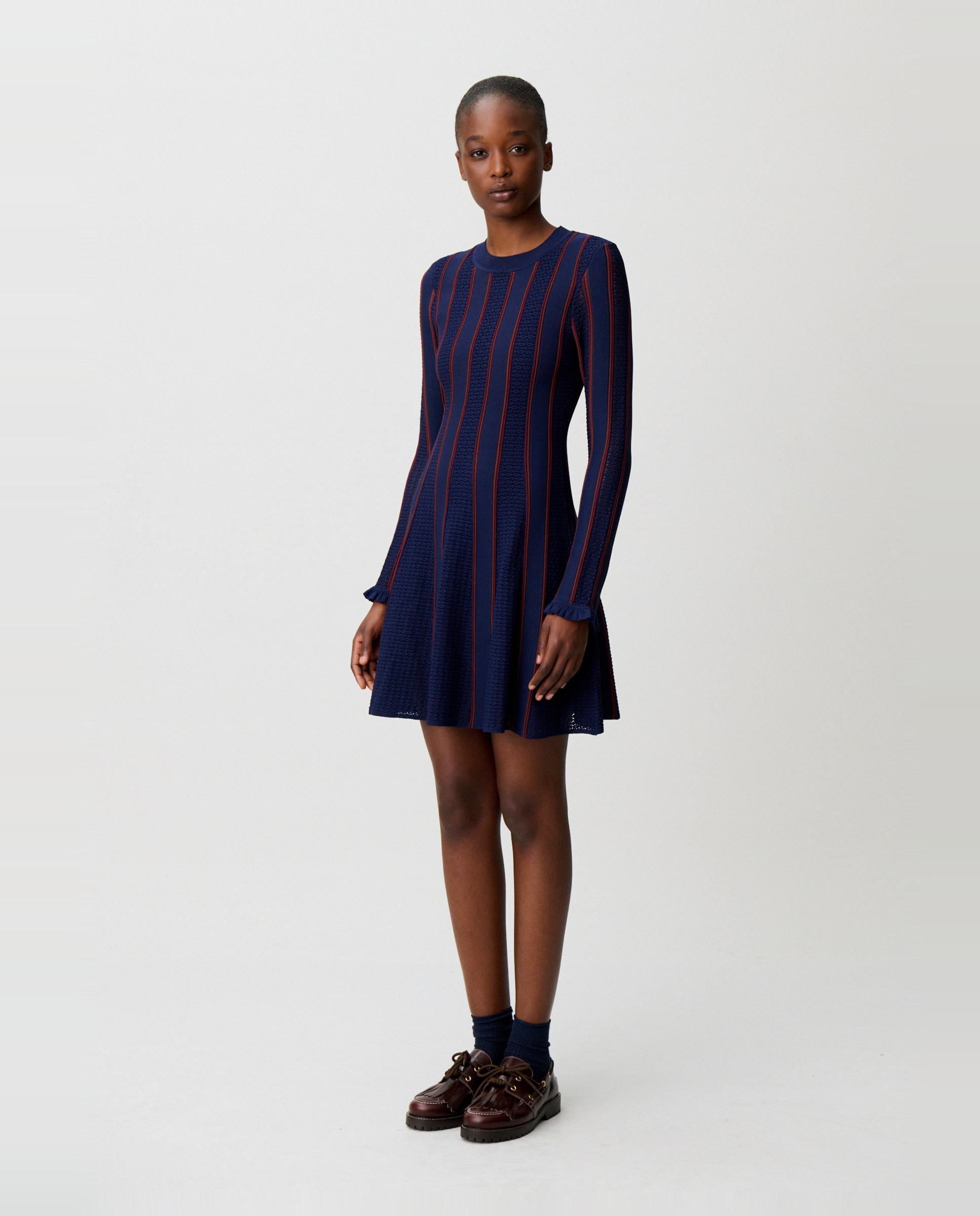 Vestido corto de punto skater con manga larga y volantes - Claudie Pierlot - Multicolor Multicolor-3