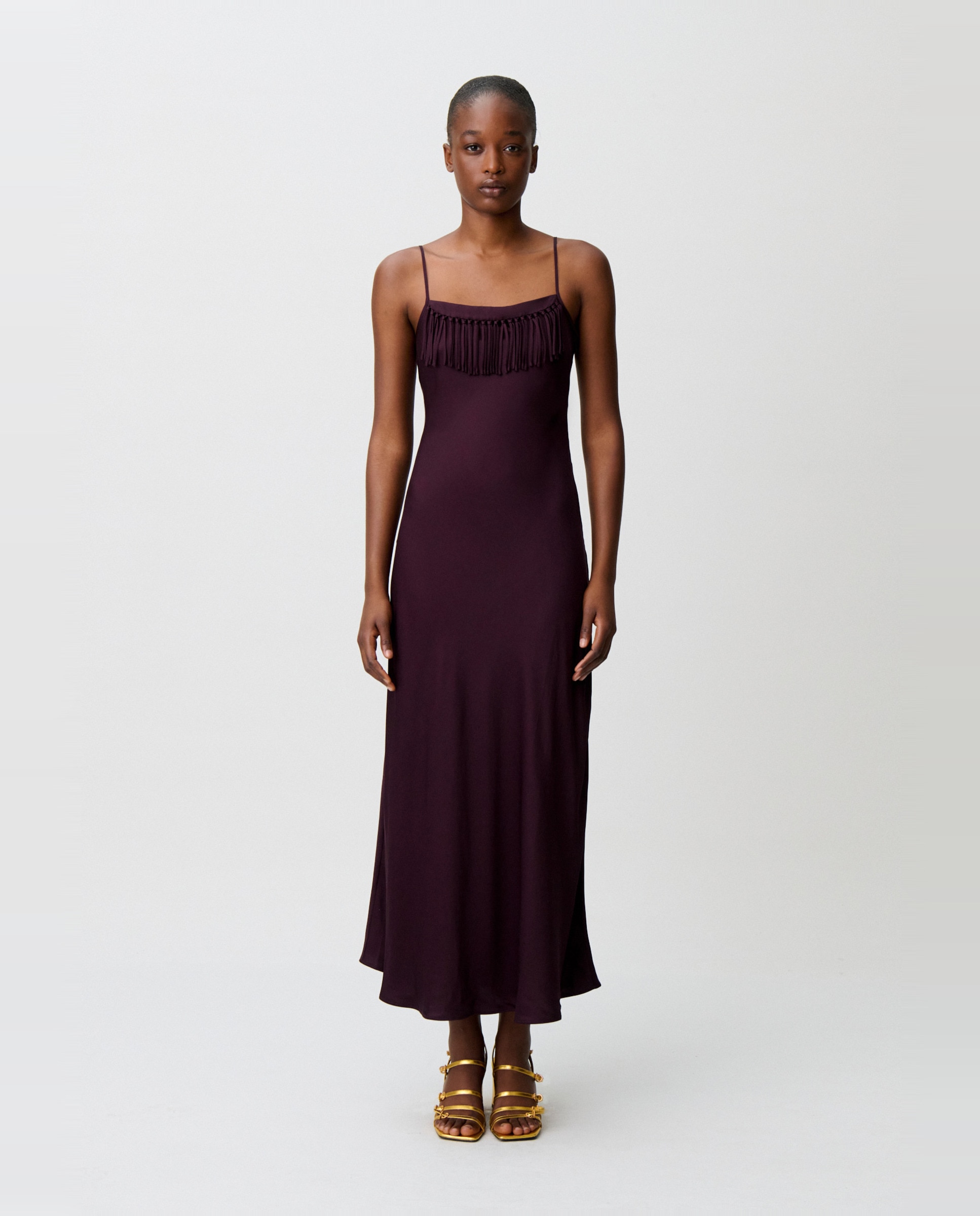 Vestido midi fluido satinado con escote cuadrado y flecos - Claudie Pierlot - Morado Morado-1