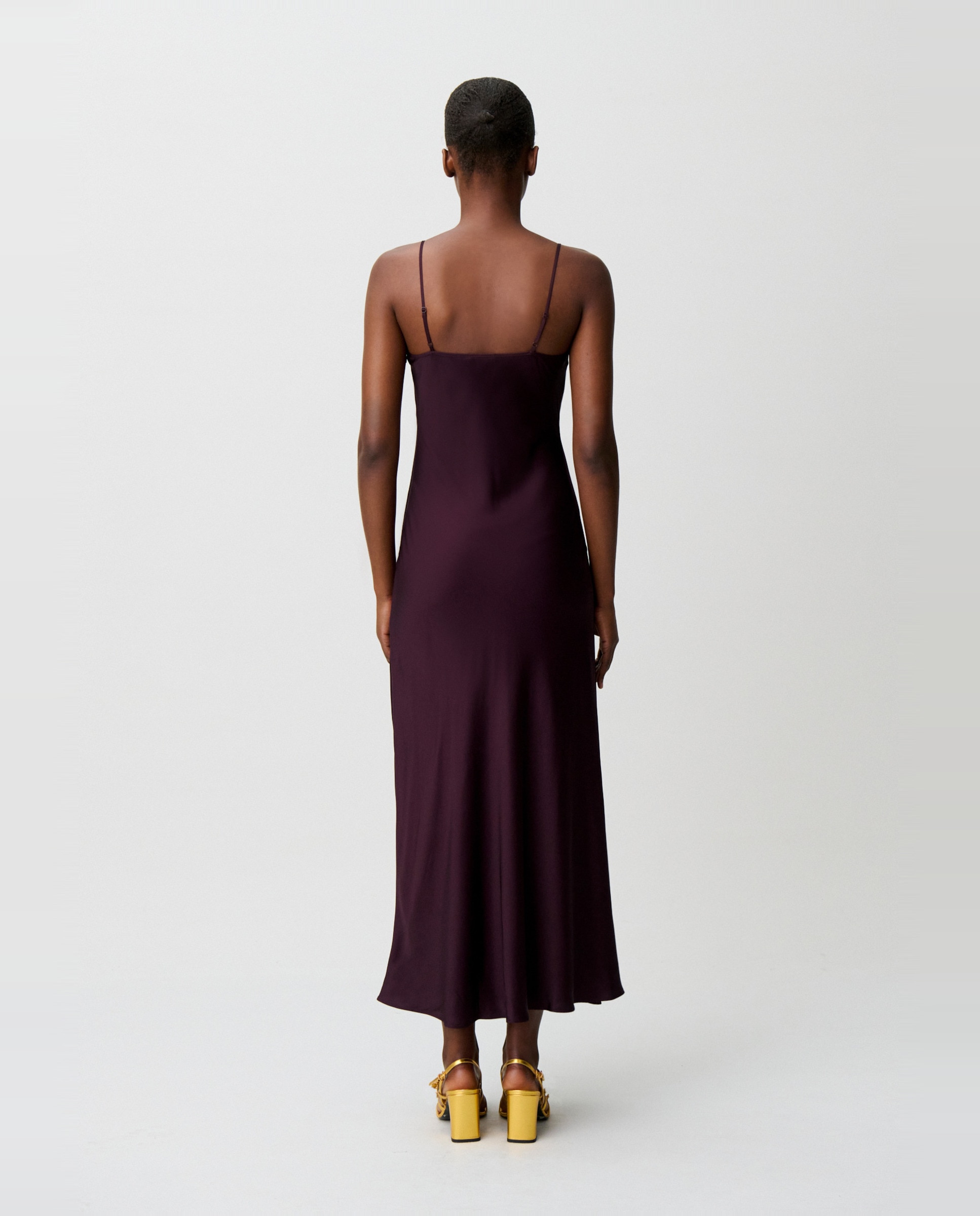 Vestido midi fluido satinado con escote cuadrado y flecos - Claudie Pierlot - Morado Morado-2