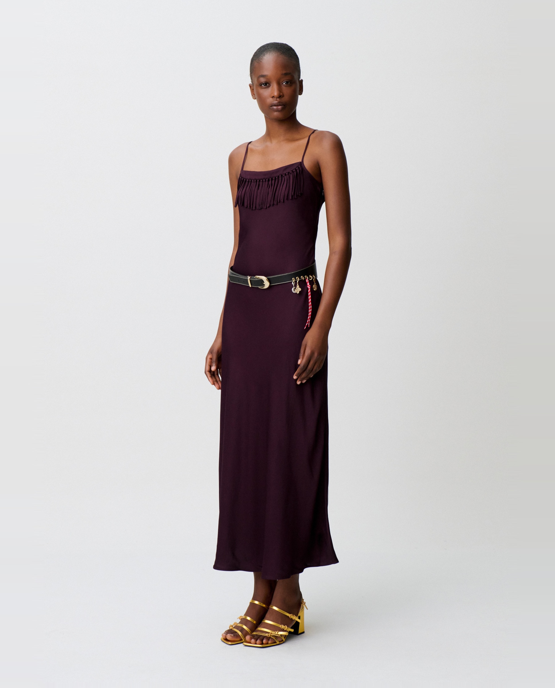 Vestido midi fluido satinado con escote cuadrado y flecos - Claudie Pierlot - Morado Morado-3