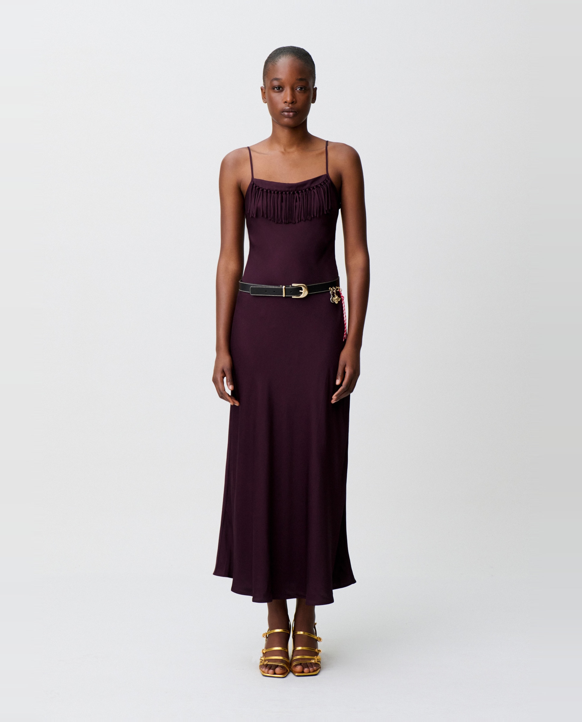 Vestido midi fluido satinado con escote cuadrado y flecos - Claudie Pierlot - Morado Morado-4