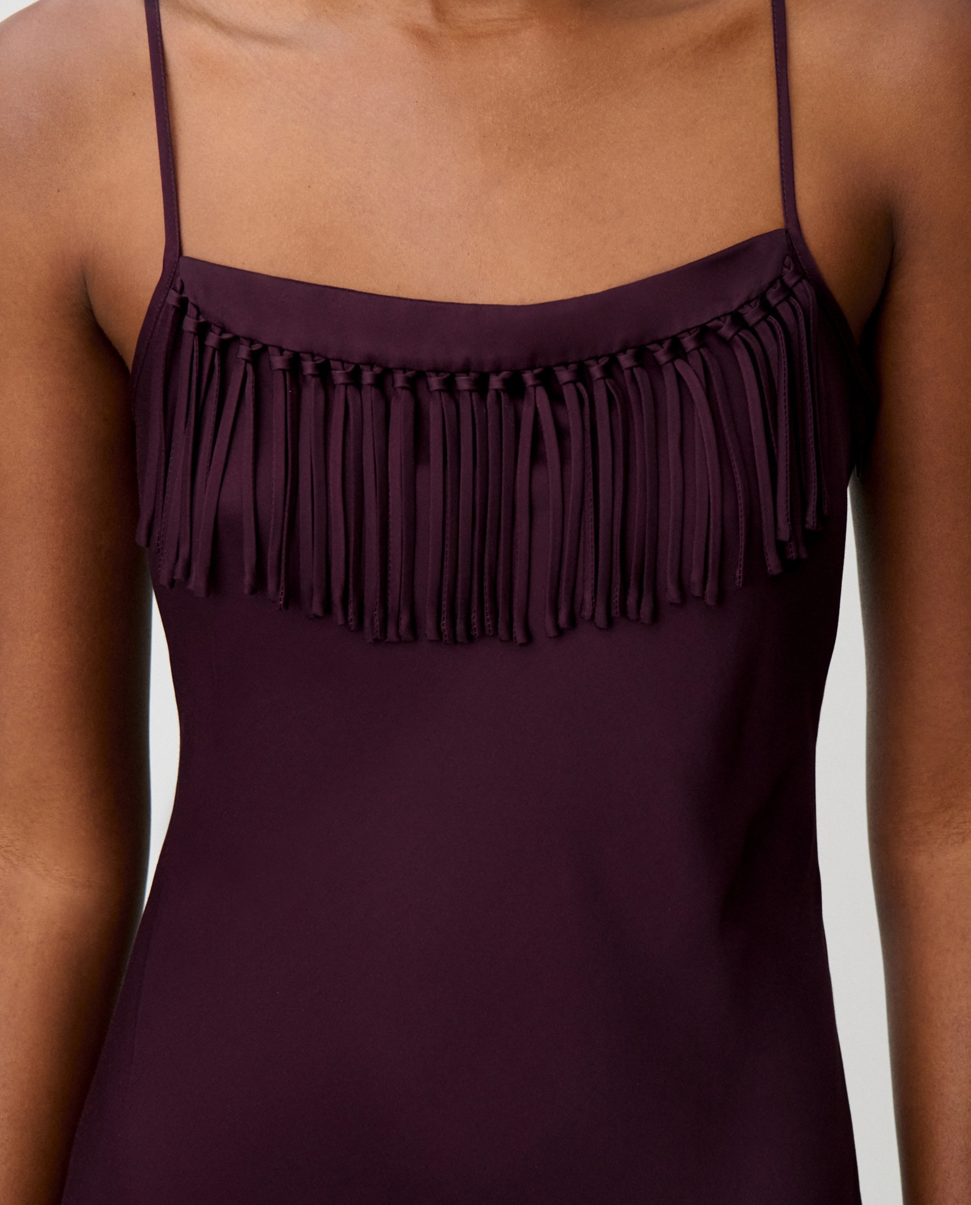 Vestido midi fluido satinado con escote cuadrado y flecos - Claudie Pierlot - Morado Morado-5