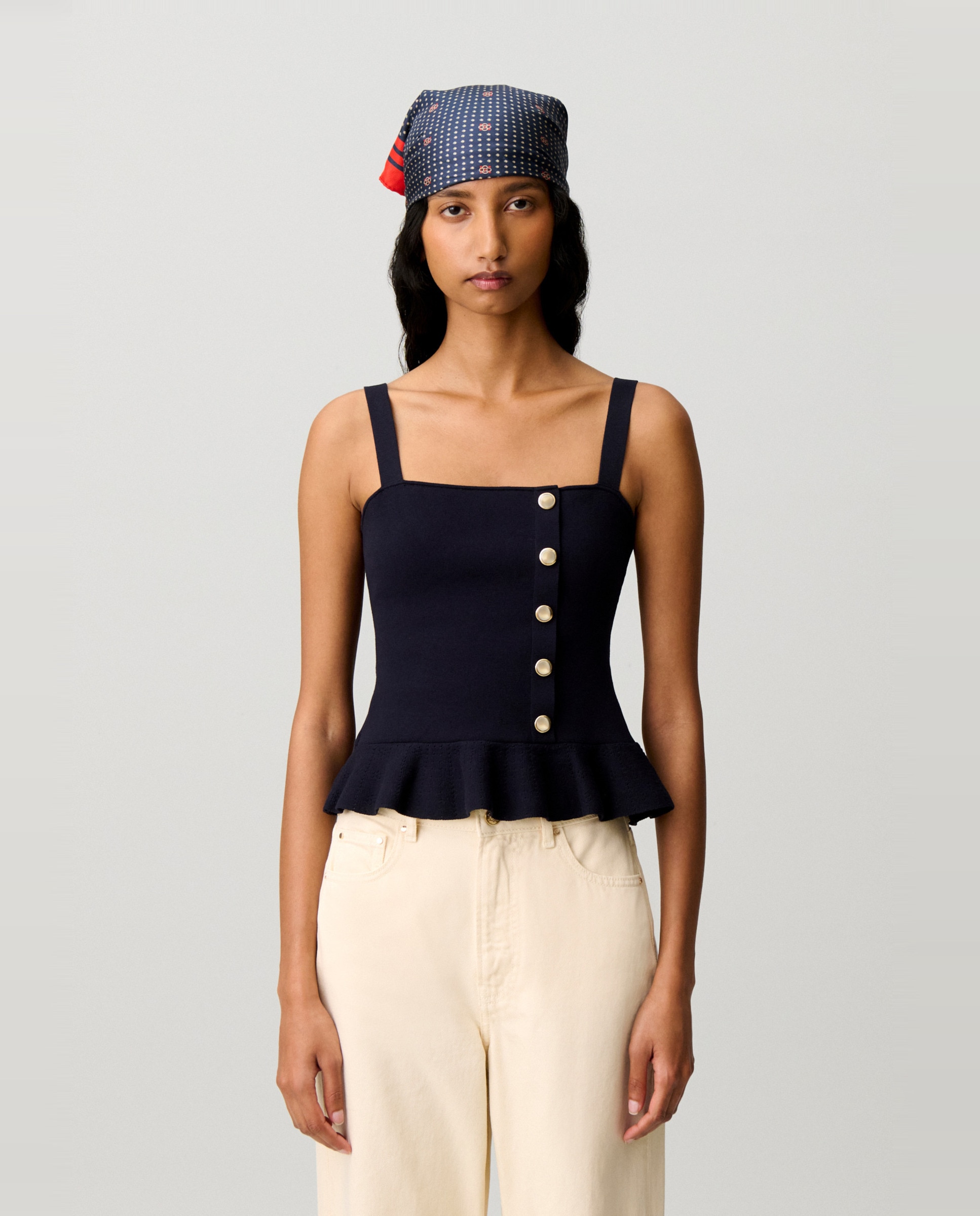 Top de punto de mujer con volante y escote cuadrado - Claudie Pierlot - Azul marino Azul marino-1