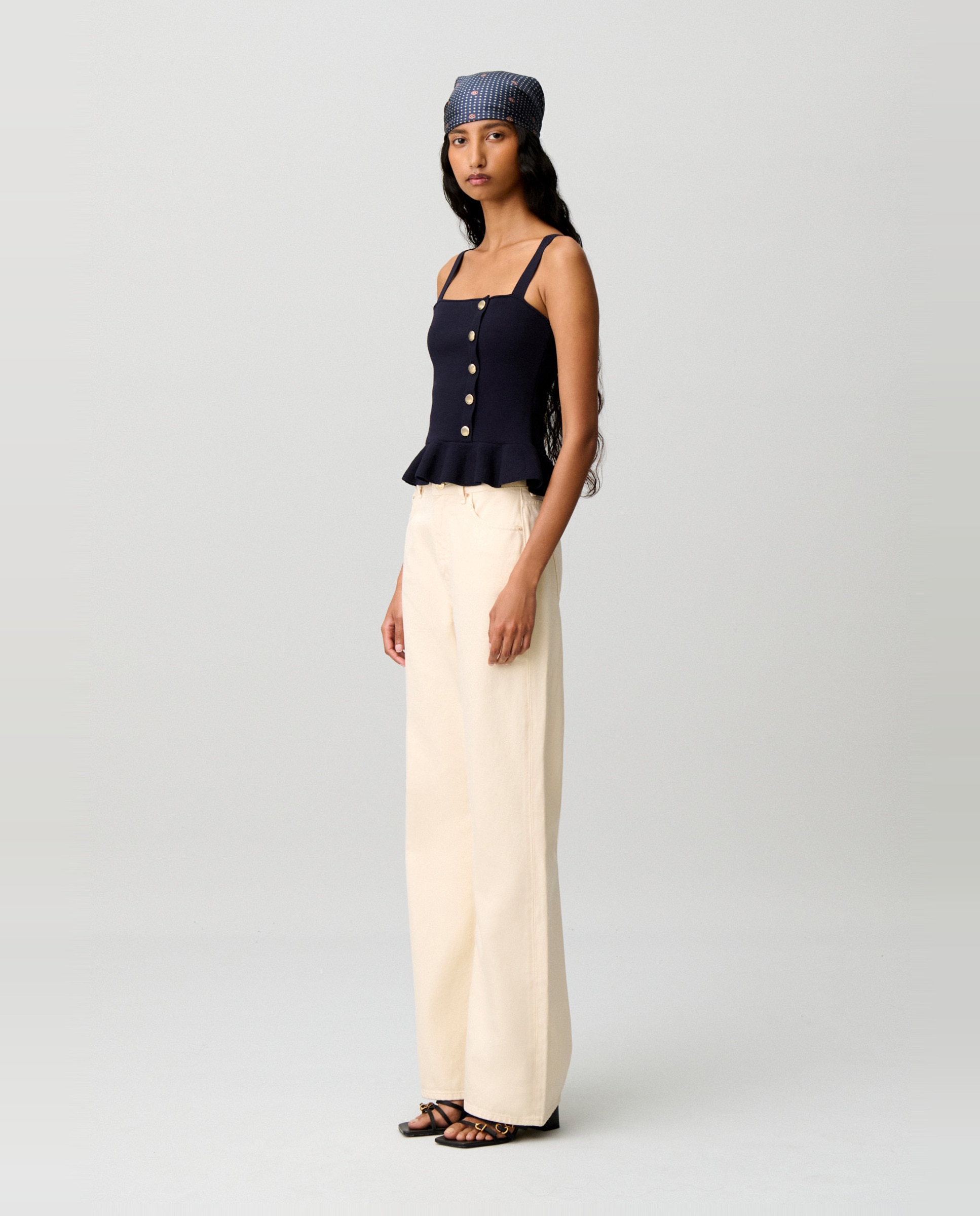 Top de punto de mujer con volante y escote cuadrado - Claudie Pierlot - Azul marino Azul marino-3