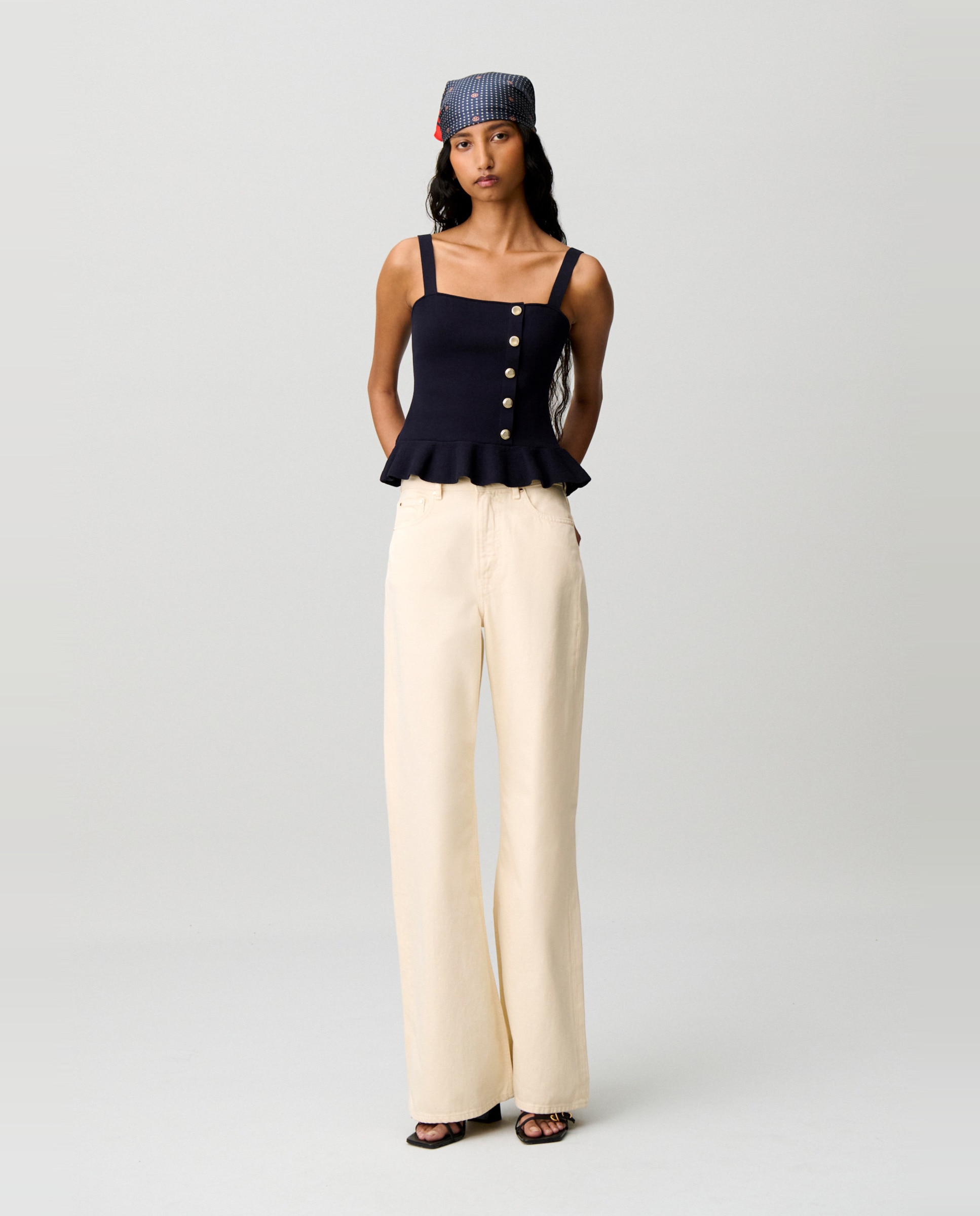 Top de punto de mujer con volante y escote cuadrado - Claudie Pierlot - Azul marino Azul marino-4