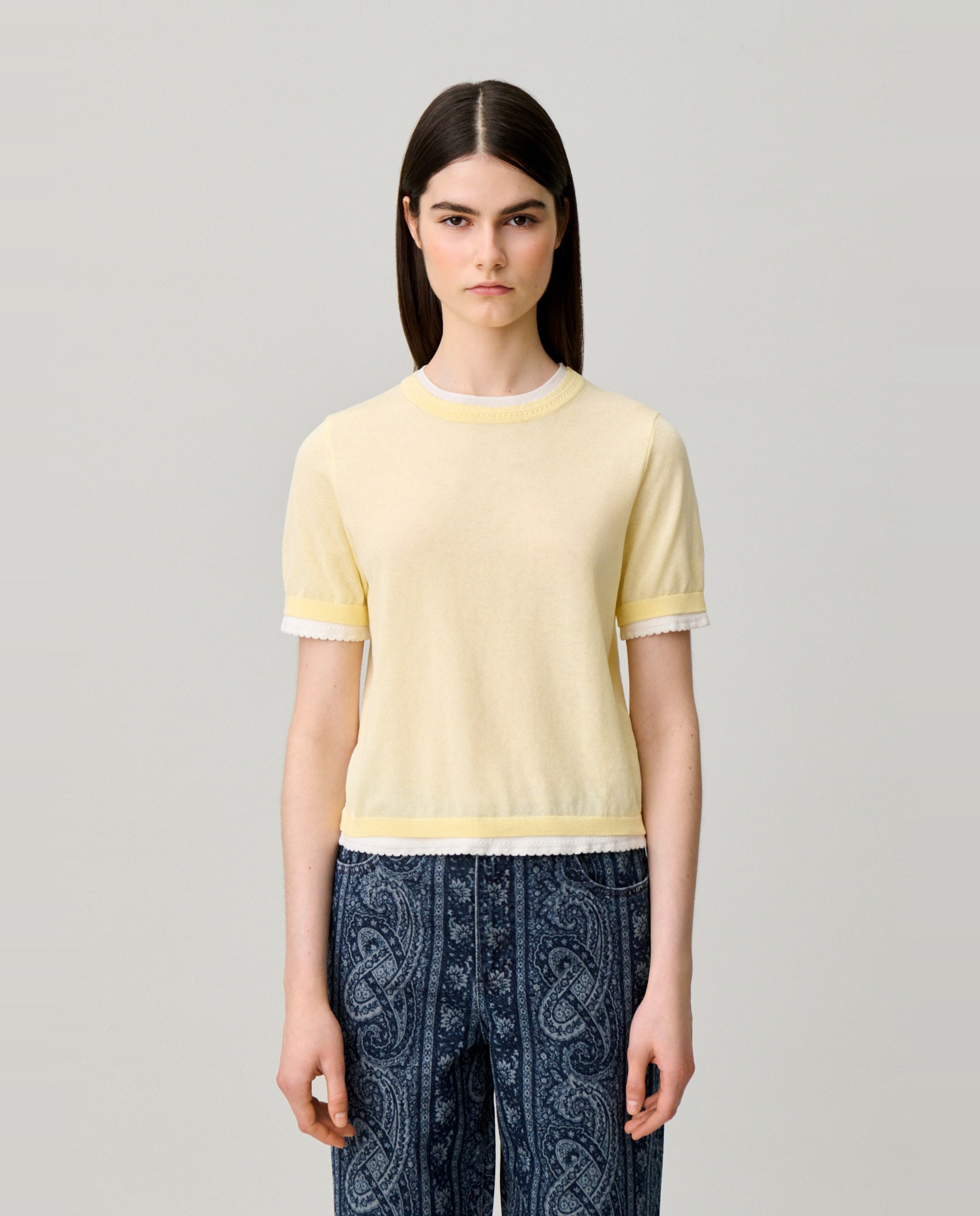 Jersey de punto de mujer de manga corta con efecto de capas en contraste - Claudie Pierlot - Beige Beige-1