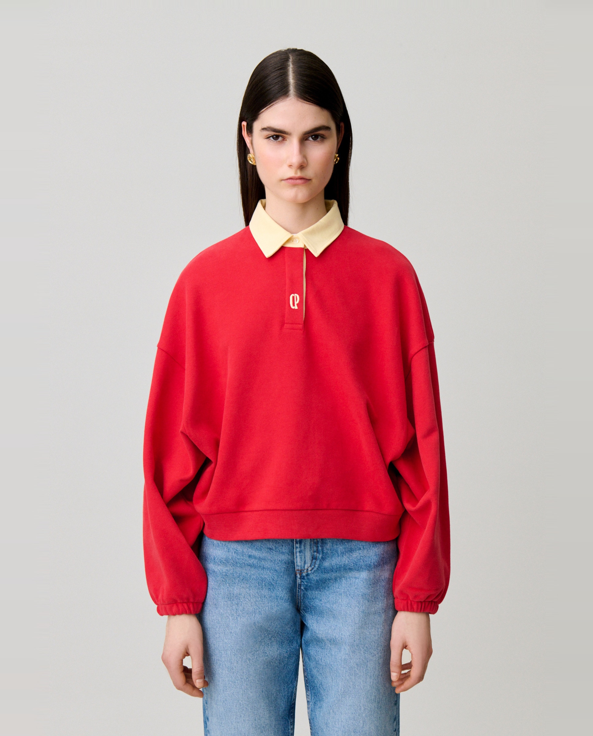 Sudadera de mujer oversize de algodón con tapeta tipo polo - Claudie Pierlot - Rojo Rojo-1