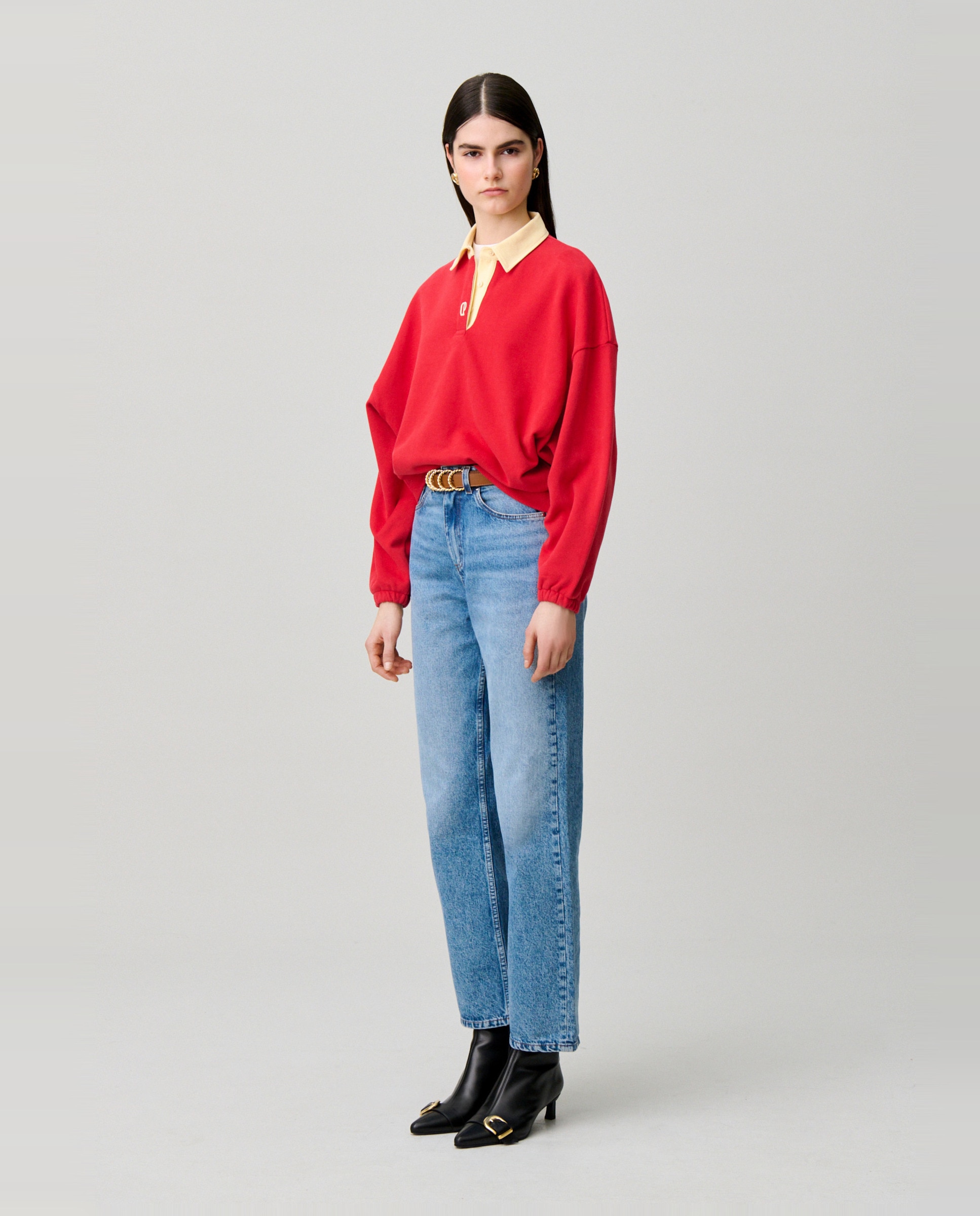 Sudadera de mujer oversize de algodón con tapeta tipo polo - Claudie Pierlot - Rojo Rojo-3