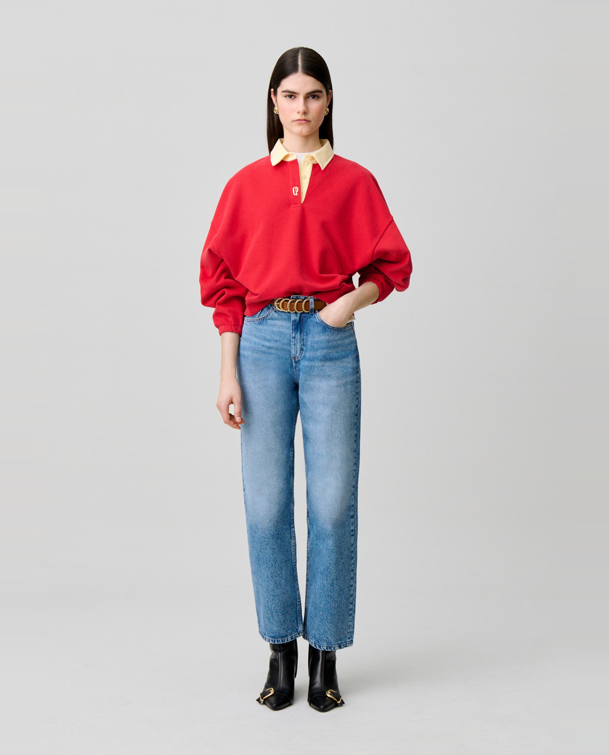 Sudadera de mujer oversize de algodón con tapeta tipo polo - Claudie Pierlot - Rojo Rojo-4
