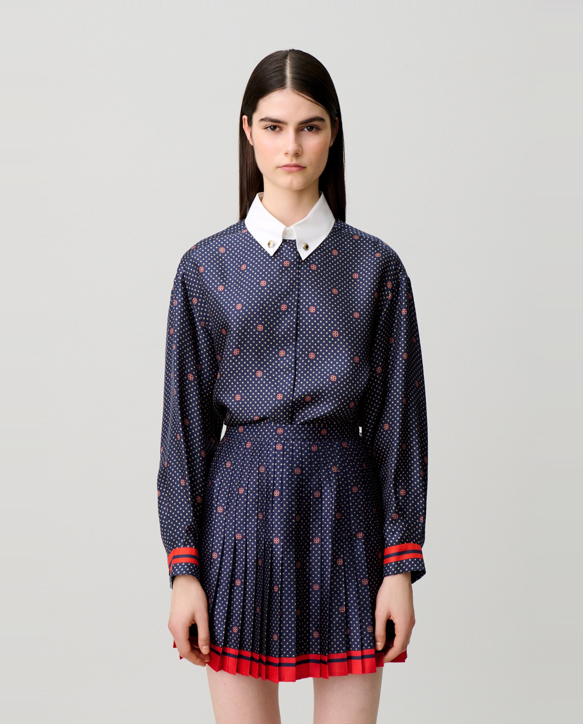 Falda corta plisada de cintura alta de satén estampado corbatero - Claudie Pierlot - Azul marino Azul marino-4