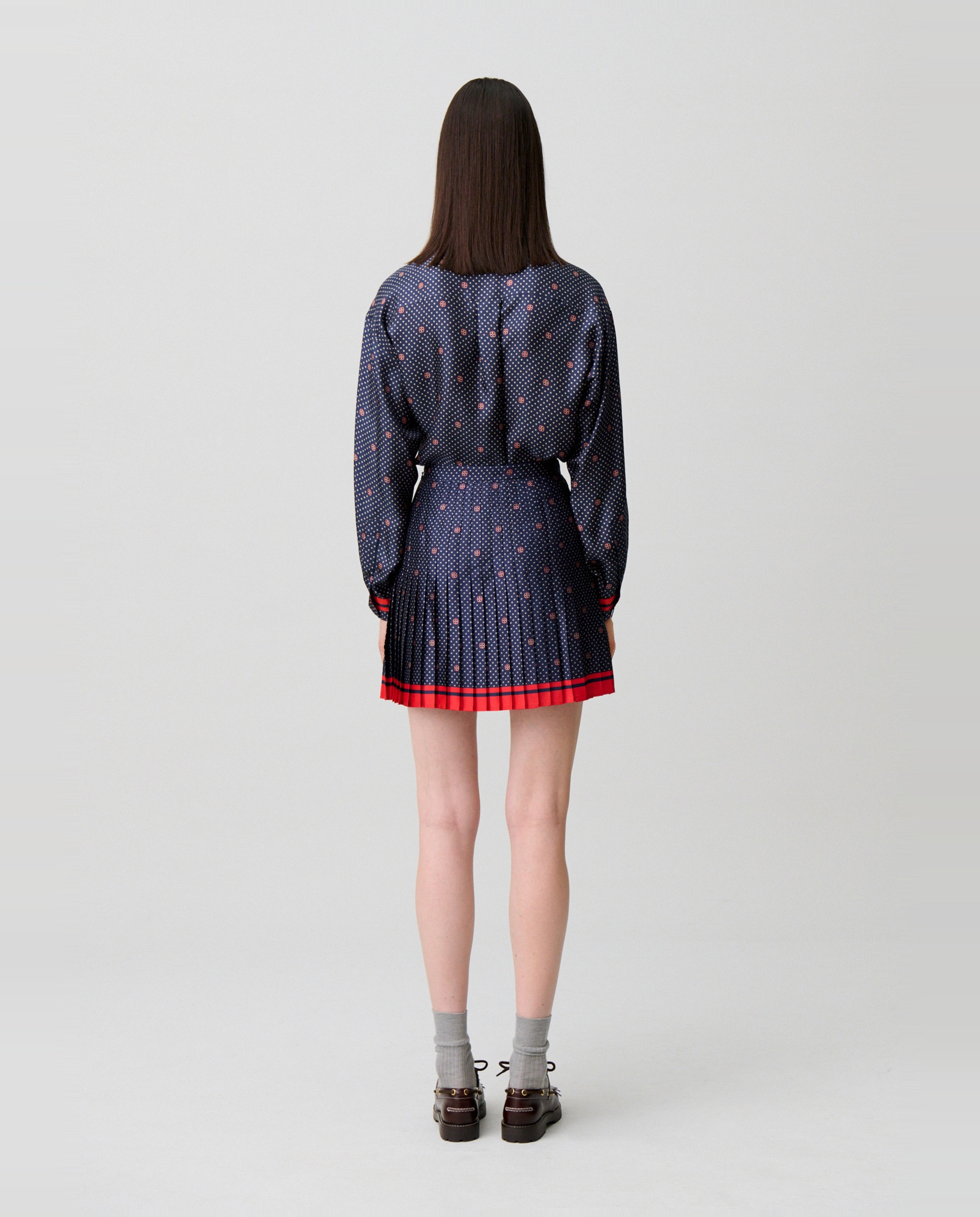 Falda corta plisada de cintura alta de satén estampado corbatero - Claudie Pierlot - Azul marino Azul marino-5