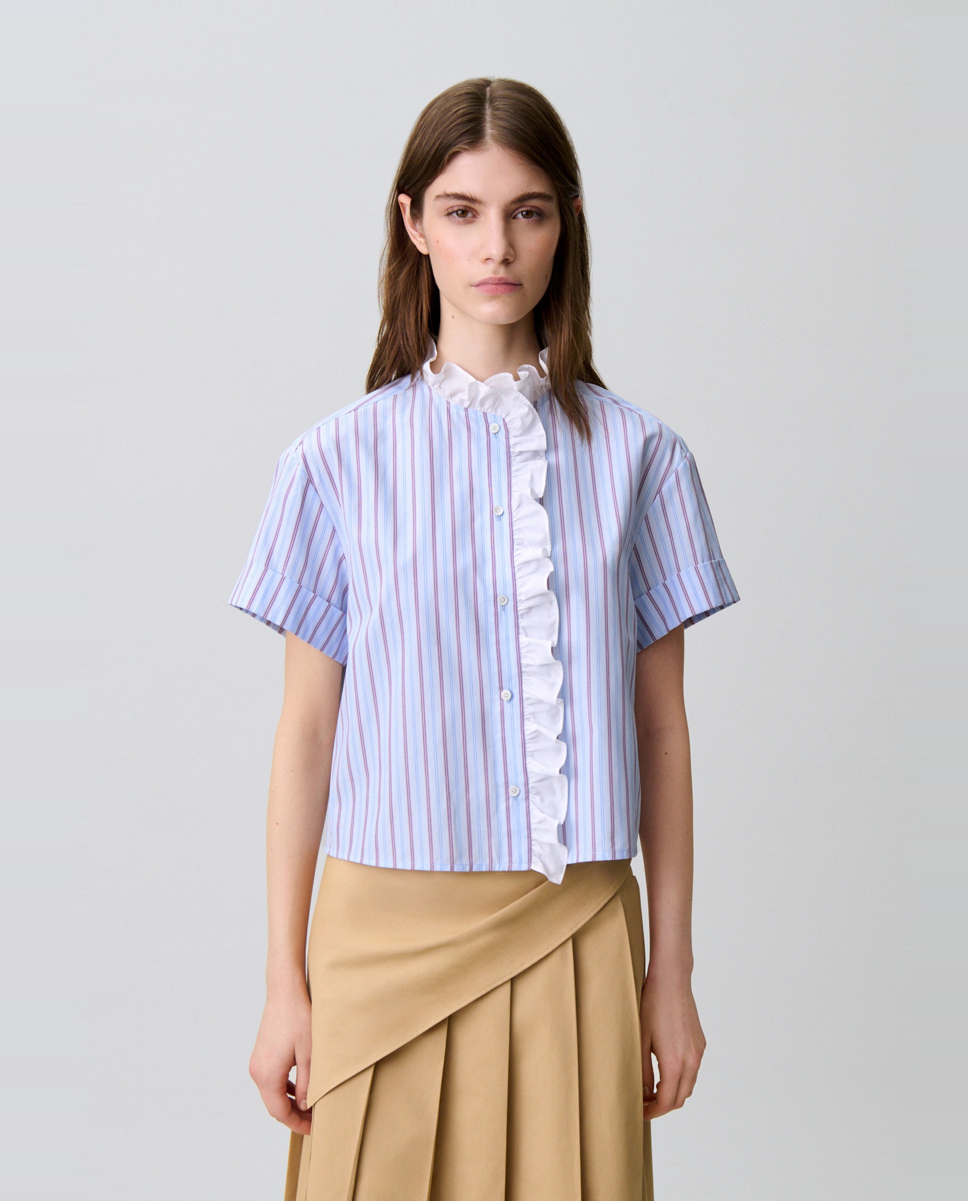 Camisa de mujer popelín a rayas manga corta con volante - Claudie Pierlot - Multicolor Multicolor-1