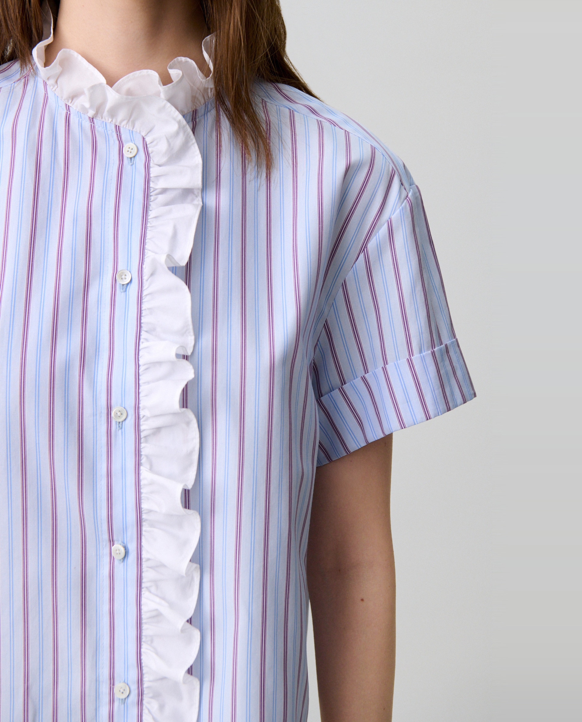 Camisa de mujer popelín a rayas manga corta con volante - Claudie Pierlot - Multicolor Multicolor-6