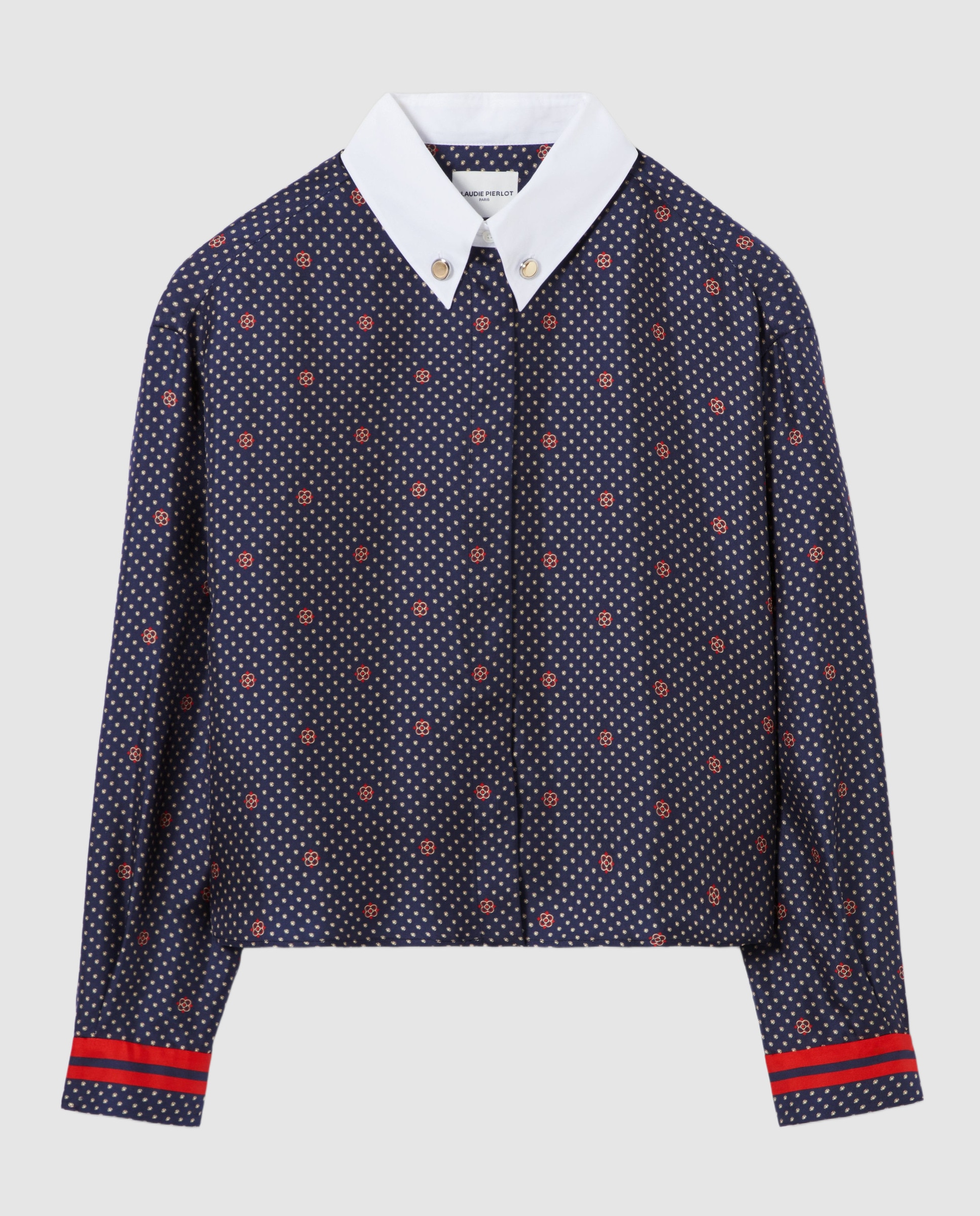 Camisa de mujer estampada de seda de corte boxy y cuello en contraste - Claudie Pierlot - Azul marino Azul marino-7