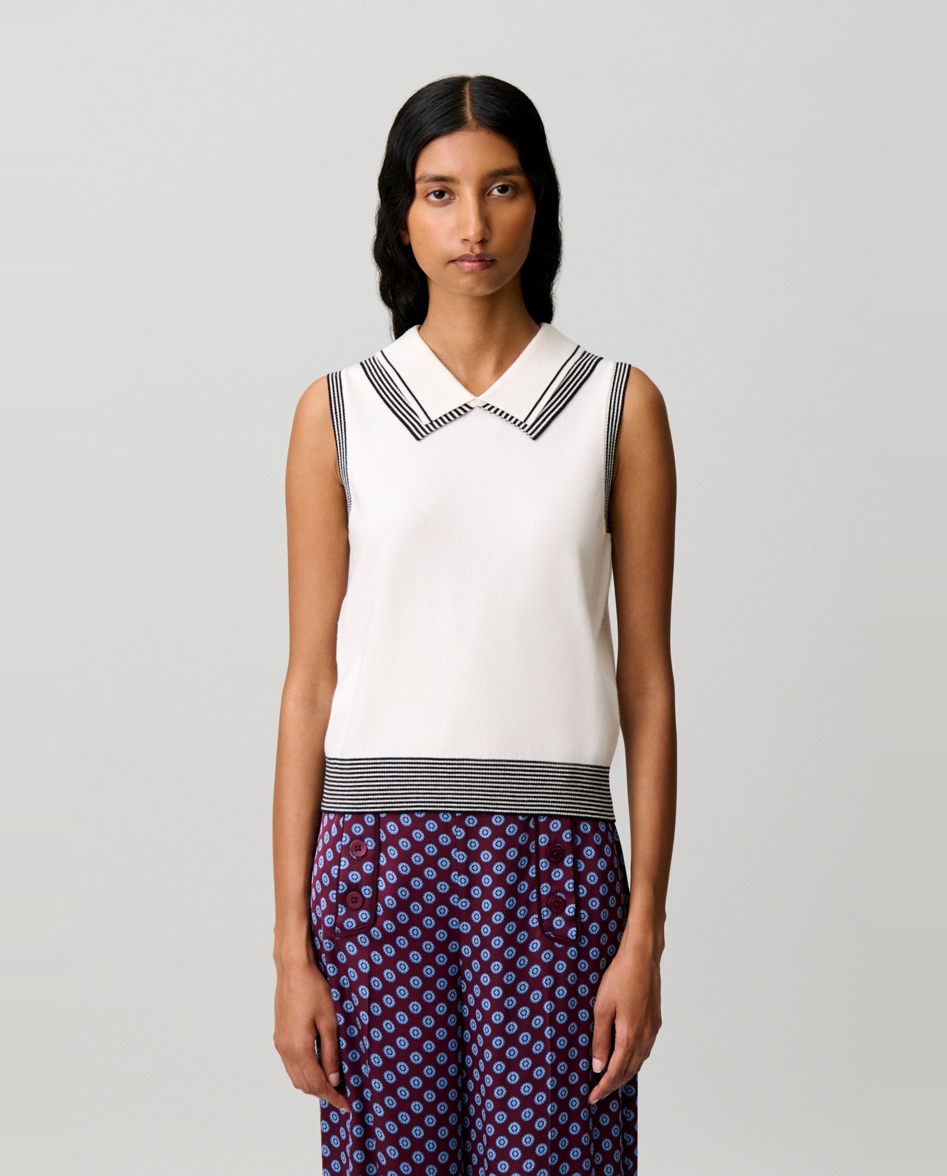 Top de punto de mujer sin mangas con cuello doble tipo camisa - Claudie Pierlot - Blanco Blanco-1