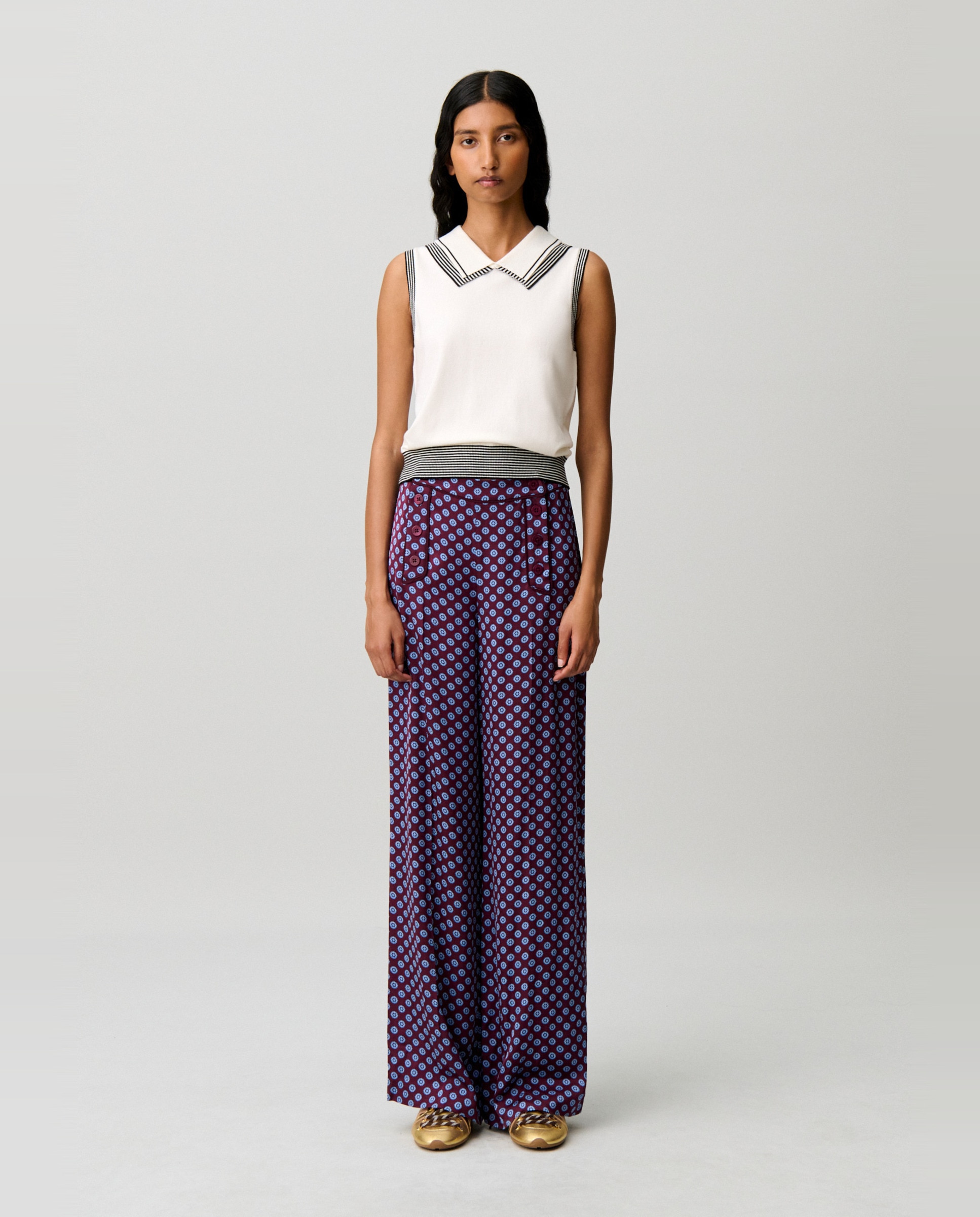 Top de punto de mujer sin mangas con cuello doble tipo camisa - Claudie Pierlot - Blanco Blanco-4