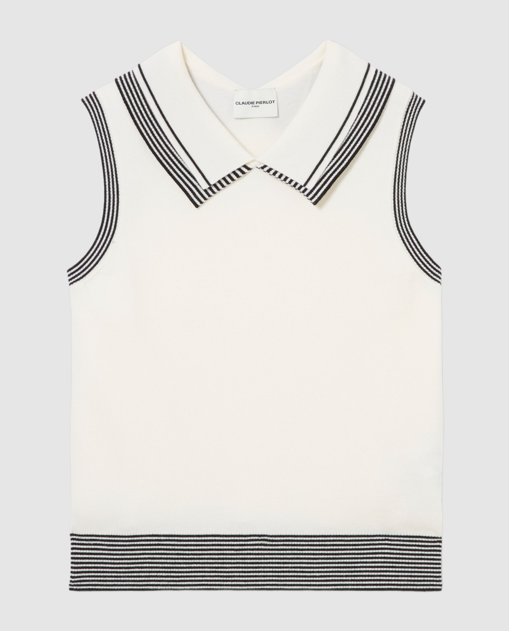 Top de punto de mujer sin mangas con cuello doble tipo camisa - Claudie Pierlot - Blanco Blanco-6