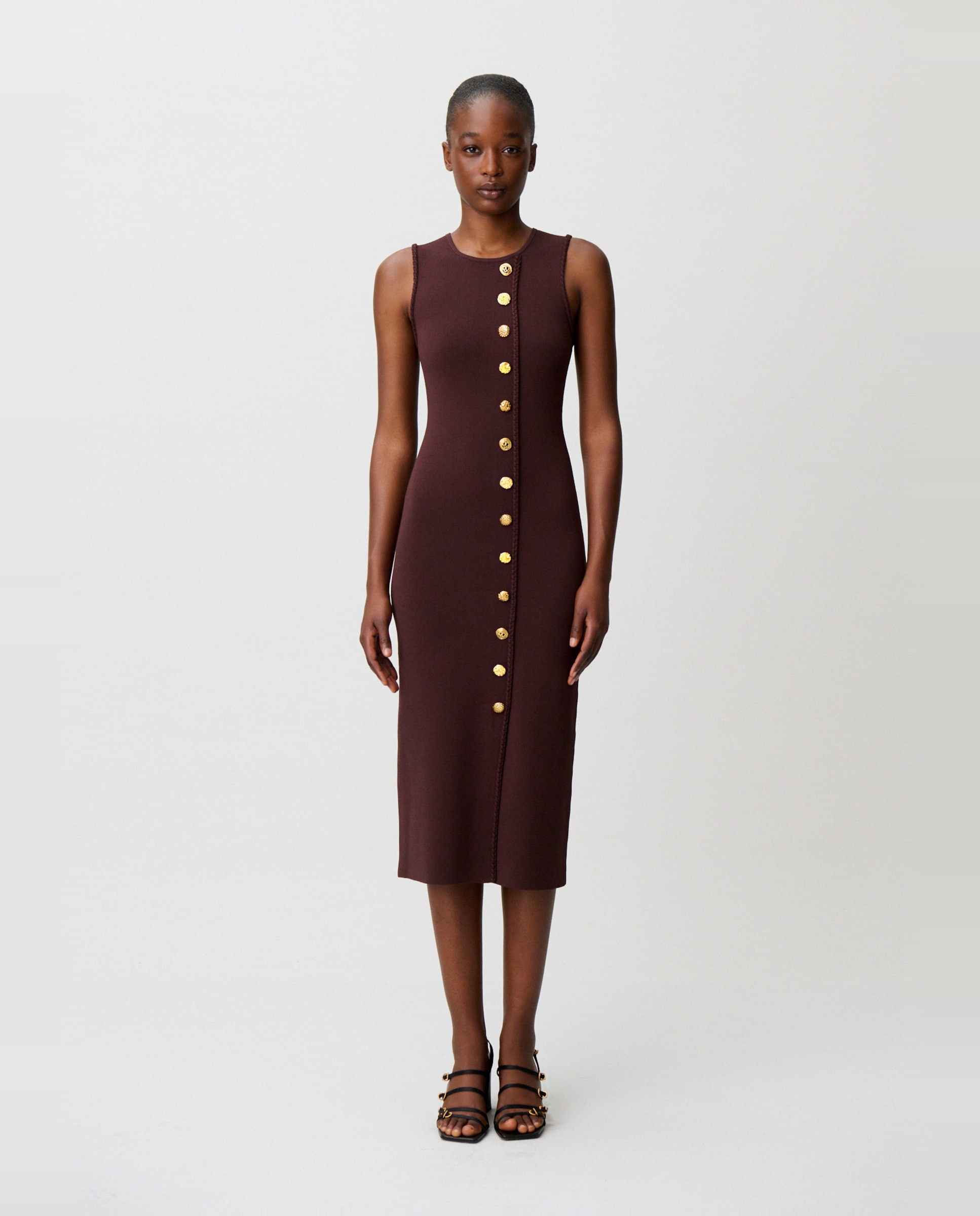 Vestido midi de punto sin mangas con botones dorados - Claudie Pierlot - Marrón Marrón-1